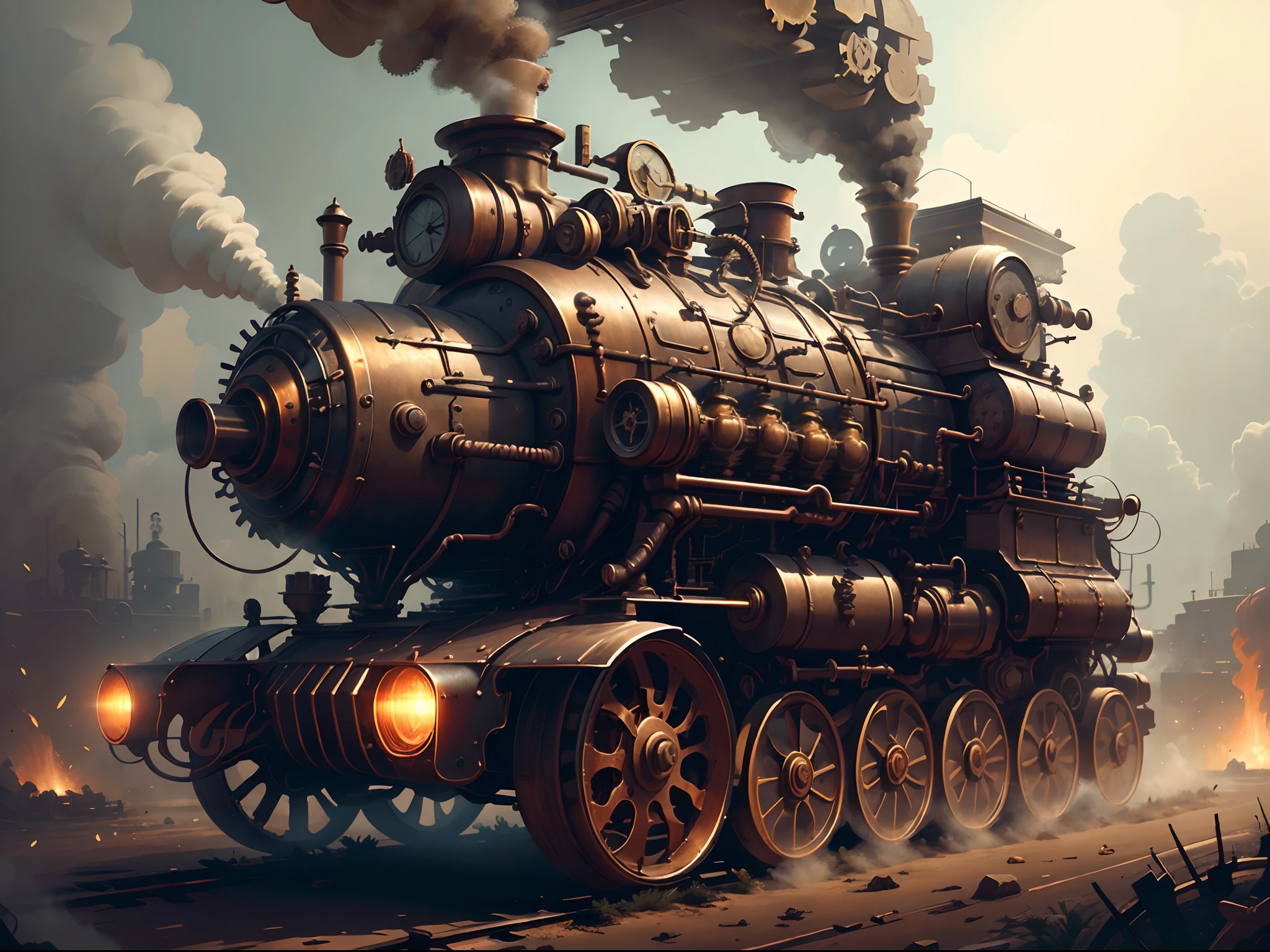 Steampunk digital art of a steampunk steam engine with intricate machinery, gears and cogs, extremely detailed, cinematic lighting.