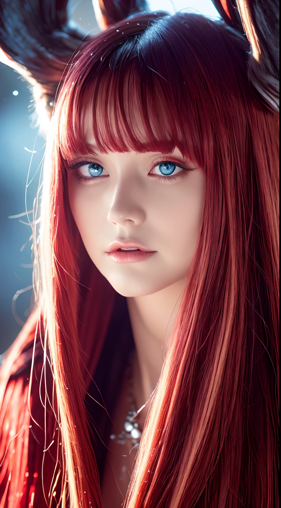Best quality, 4K, high resolution, Masterpiece:1.2, super ultra detail, (Realistic, Photorealistic, photo-realistic:1.37), vibrant, Red and blue heterochromic eyes,Strong gaze,Mesmerizing eye contact,Fire-red iris,Dark blue shining stars,Shining pupils,Vivid colors,Portrait,Fantasy art,Magical red light,Ethereal beauty,Red color palette,Long yellow hair,Cloak like red