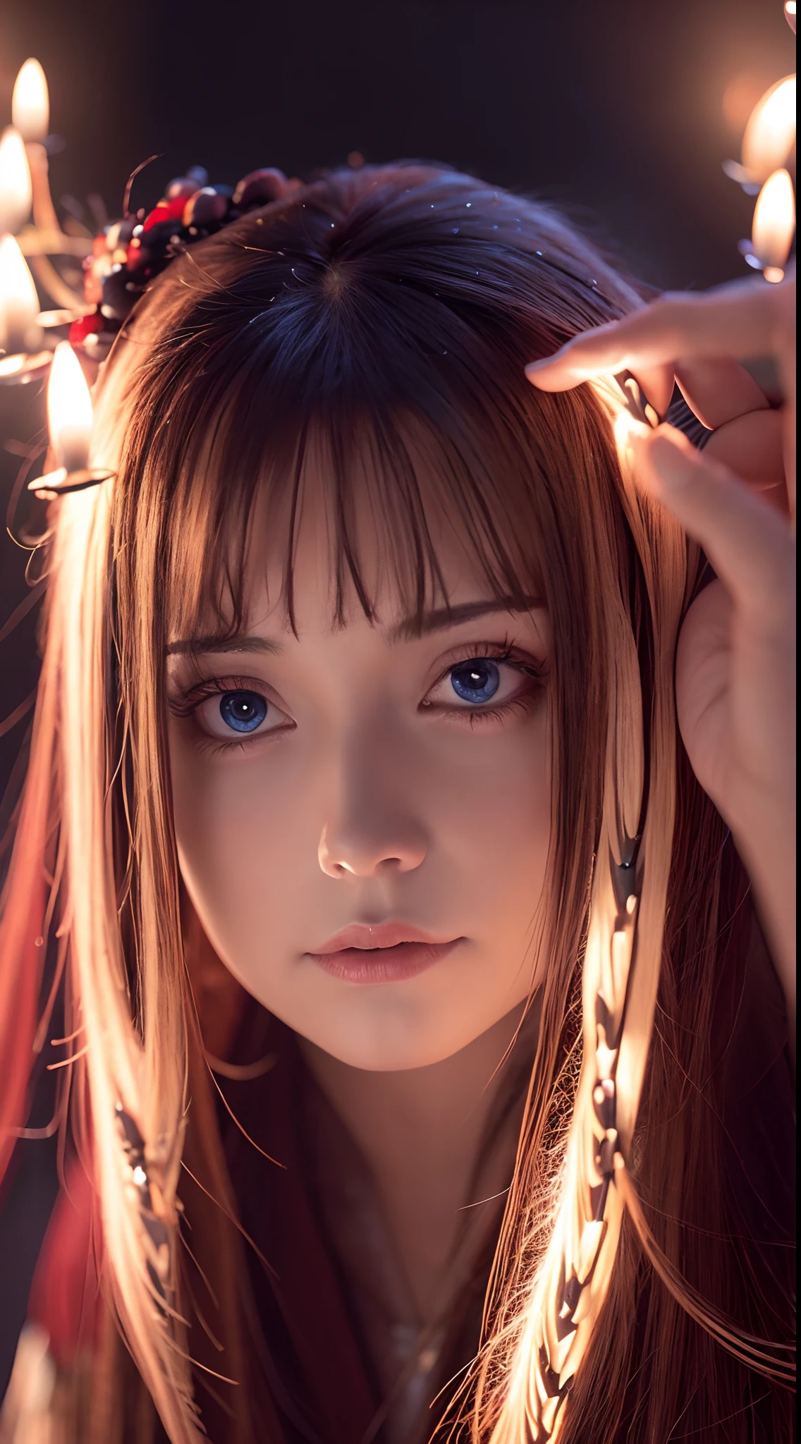 Best quality, 4K, high resolution, Masterpiece:1.2, super ultra detail, (Realistic, Photorealistic, photo-realistic:1.37), vibrant, Red and blue heterochromic eyes，Strong gaze，Mesmerizing eye contact，Fire-red iris，Dark blue shining stars，Shining pupils，Vivid colors，Portrait，Fantasy art，Magical red light，Ethereal beauty，Red color palette，Long yellow hair，Cloak like red