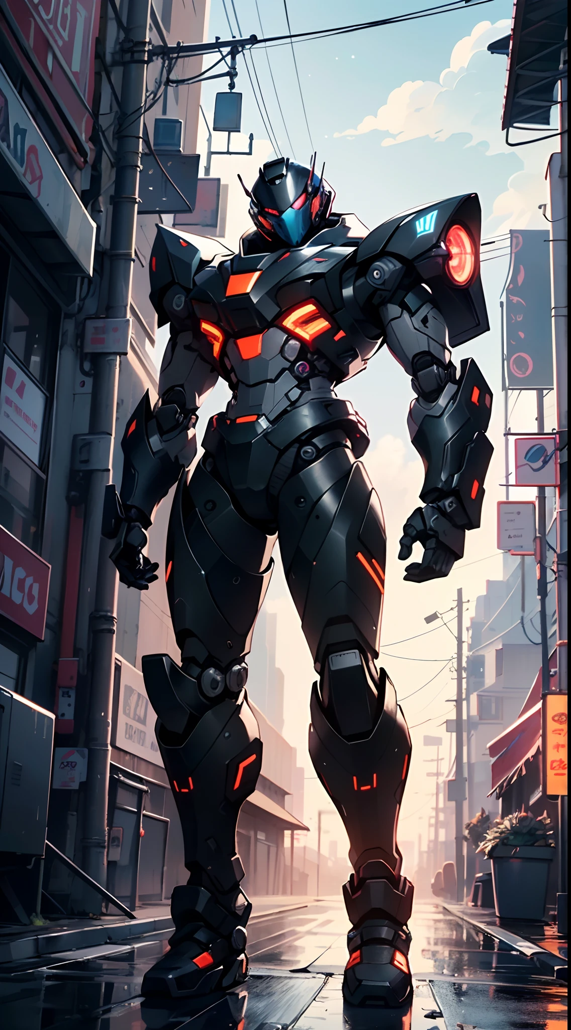 Imposing black plastic metal android robot,three meters tall and with a minimalist design that highlights its marked metallic musculature. His head is smooth and adorned with RGB lights that highlight his uniqueness and futurism.
He carries a metal backpack on his back that contains drones,turrets,and firearms. The backpack has spidery legs that allow it to move quickly.
Although most of his body is a deep,glossy black,there are orange,purple,and blue details that highlight his striking,futuristic design. It is undoubtedly an impressive creation that does not go unnoticed.
(((muscular))),hypermuscle, hyper muscles,carbon robot,humanoid robot, robot, robot joints, joints, helmet, armor, head-mounted display,(((robot with minimalist design))),
(dynamic pose:1.0),solo focus,(centered,scale to fit dimensions,Rule of thirds),
cyberpunk city by the ocean at night, with bright neon signs and dark stormy clouds and puddles, scenery:1.25,
artistic photography,(photography taken by sldr),highres, sharp focus, (ultra detailed, extremely detailed), (photorealistic artwork:1.37),(extremely detailed CG unity 8k wallpaper),((synthwave background theme)),(((vibrant colors))),(intricate background),(masterpiece),(best quality),