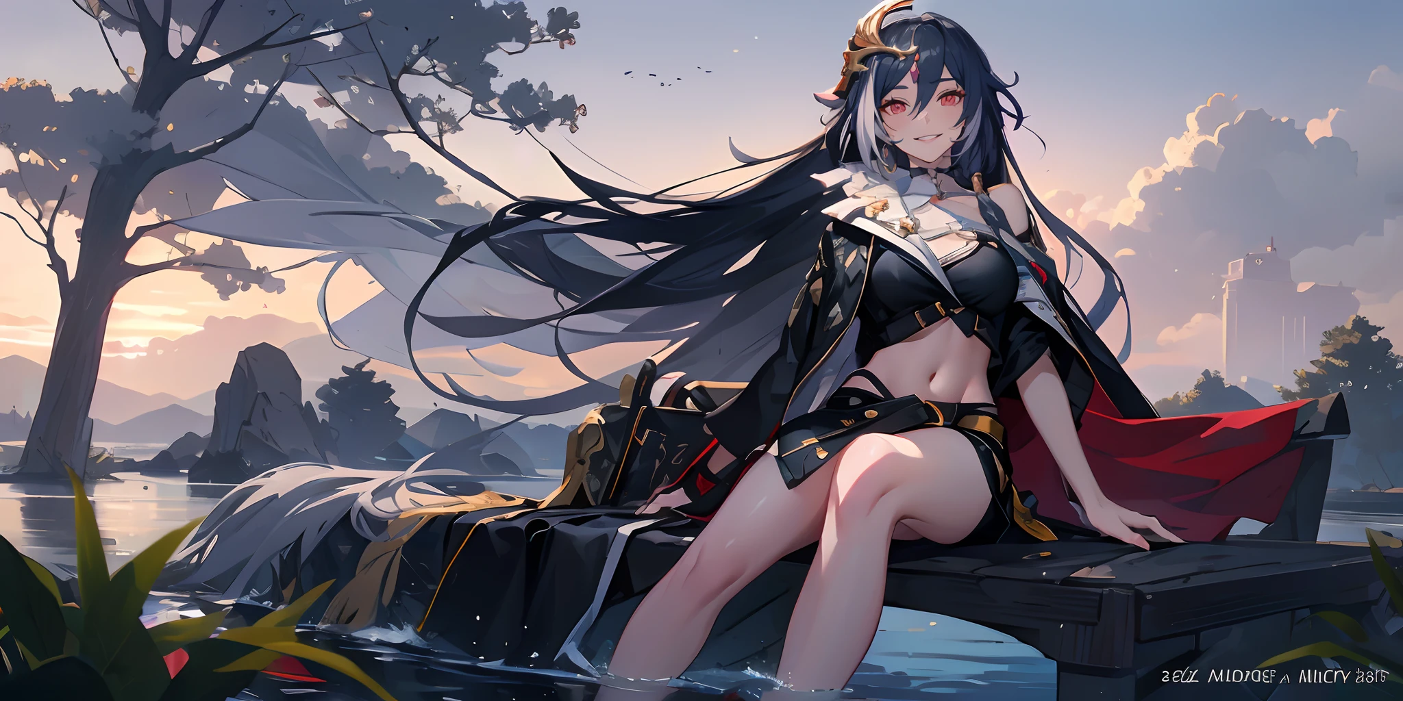 senti, silver hair, red eyes, hair ornament, multicolored hair, long_hair, navel, long_hair, black_hair, horns, 1girl, breasts, hair_ornament, looking_at_viewer, midriff, smile, wide_sleeves, holding, long_sleeves, weapon, outdoors, sitting, stomach, tree, solo, very_long_hair, sky, black_skirt, shorts, medium_breasts, cape, skirt, black_jacket, water, black_shirt, floating_hair, bangs, crop_top, miniskirt, thighs, cloud, short_shorts, lips, belt, large_breasts, hand rest