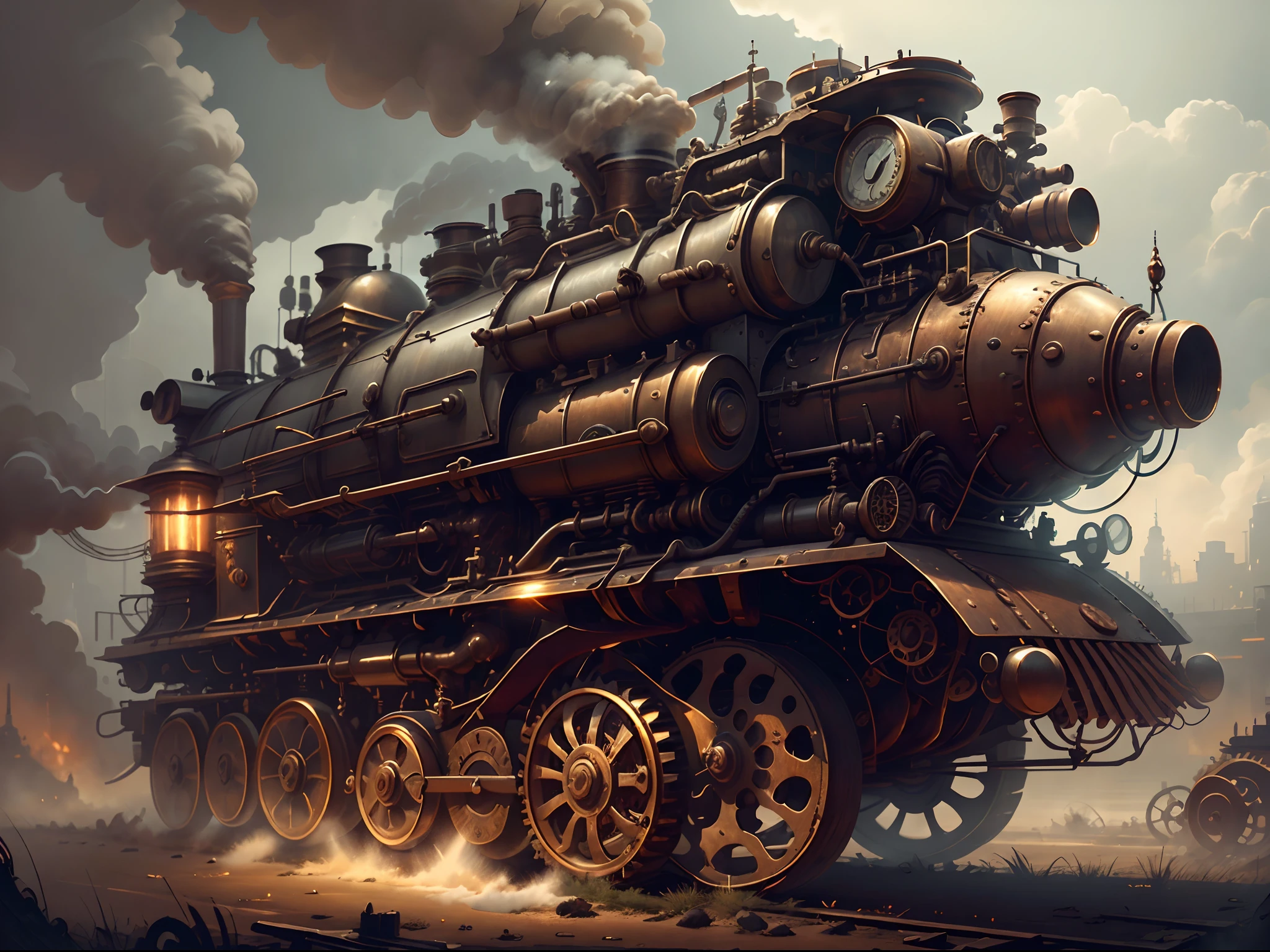 Steampunk digital art of a steampunk steam engine with intricate machinery, gears and cogs, extremely detailed, cinematic lighting.