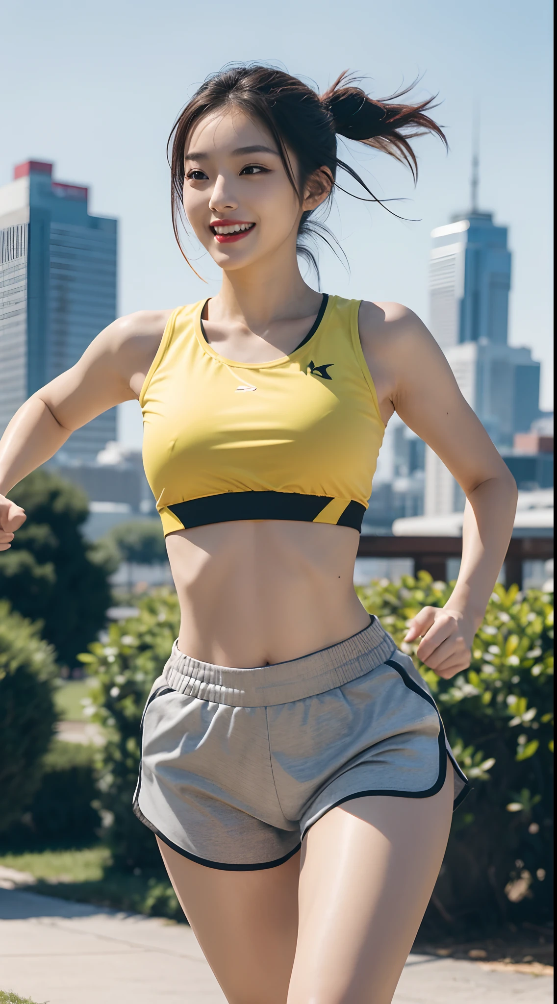 best quality, 4k, 8k, Detailed faces, clear face, Beautiful Girl, Korean makeup, red lips, smiling, Perfect body, big breasts, thigh, Platinum hair, hair tied in a ponytail, Girl in sportswear, short crop top, Tight shorts, Black and yellow outfits, run, running posture, Dynamic posture, View of the city park,