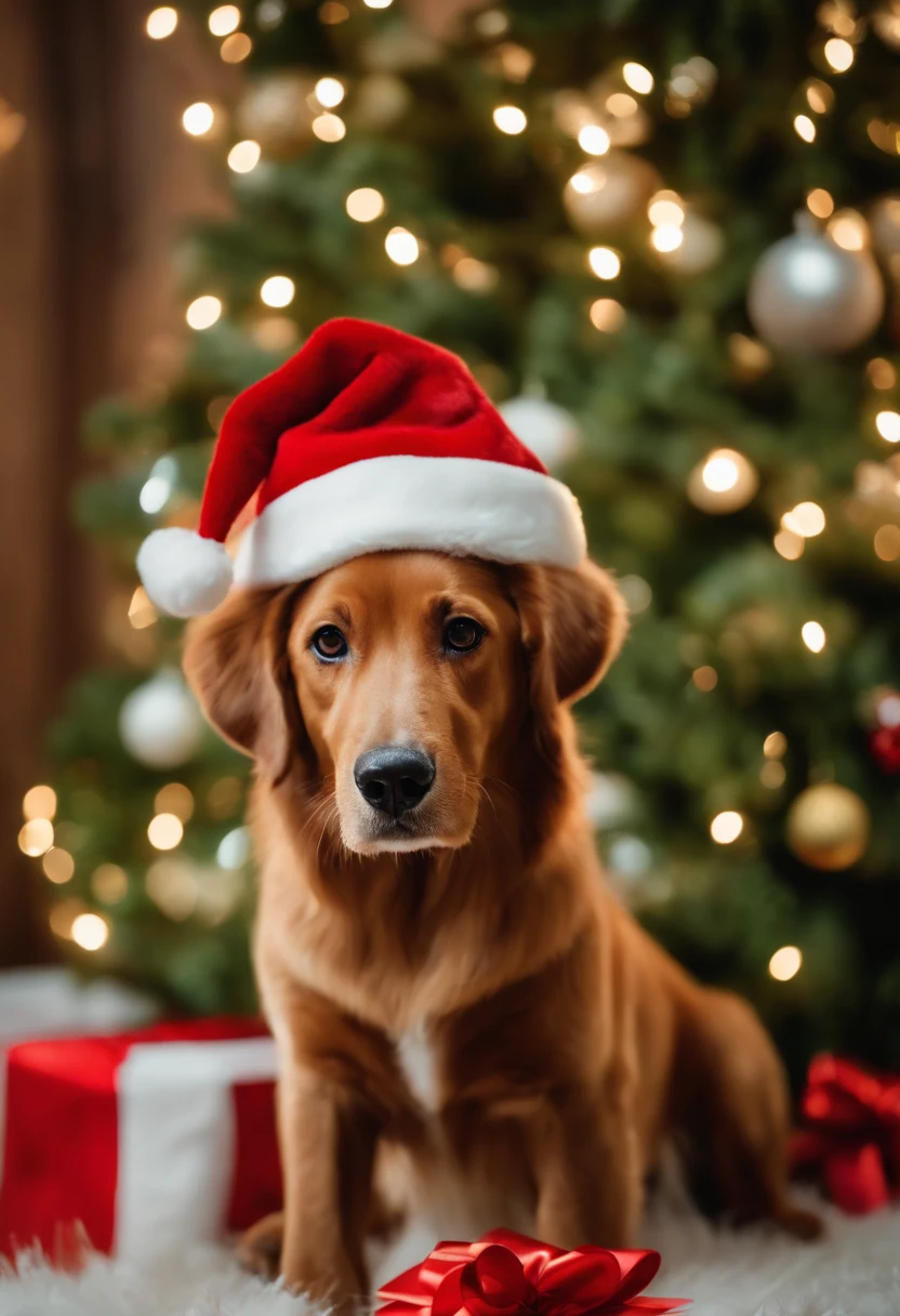 a variety of dogs dressed in santa claus hats and red bow for tie,lighted christmas tree in background, Fresh and lovely,a warm color palette,Warm scene,smiling girl,Friendly,Natural light,soft shade