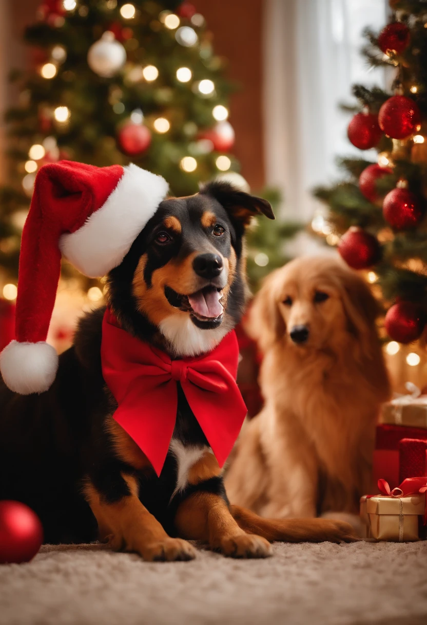 a variety of dogs dressed in santa claus hats and red bow for tie,lighted christmas tree in background, Fresh and lovely,a warm color palette,Warm scene,smiling girl,Friendly,Natural light,soft shade