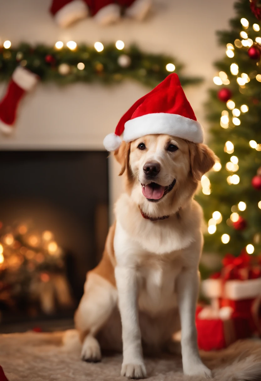 a variety of dogs dressed in santa claus hats and red bow for tie,lighted christmas tree in background, Fresh and lovely,a warm color palette,Warm scene,smiling girl,Friendly,Natural light,soft shade