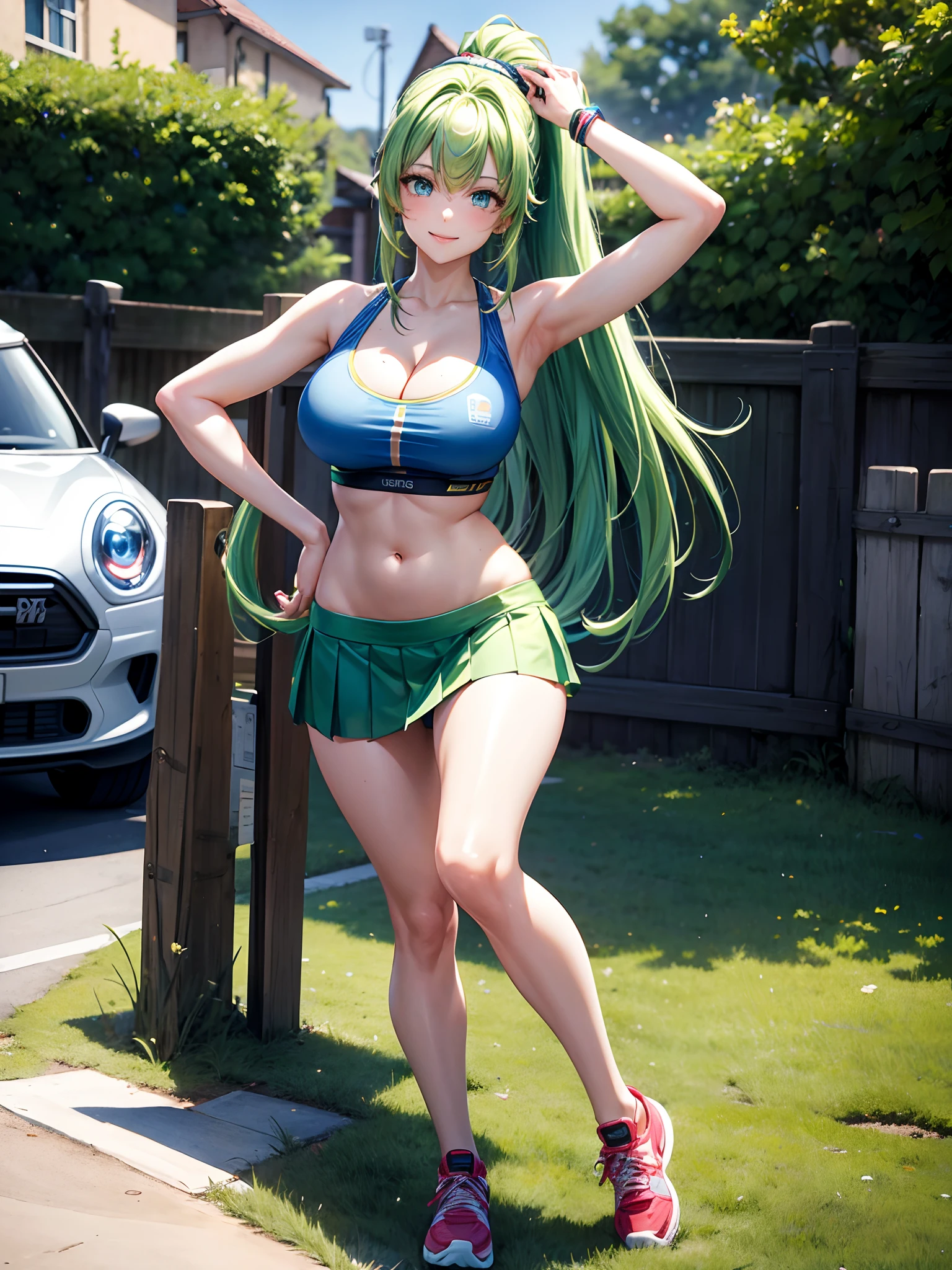 1girl, solo, long hair, green hair, ponytail, blue top, belly reveal, large breasts, cleavage, blue eyes, red skirt, mini skirt, sport shoes, smile, looking at the viewer, full body, large yellow oval hairclip, hair almost covering left eye, longer hair in left side of the face, full body,