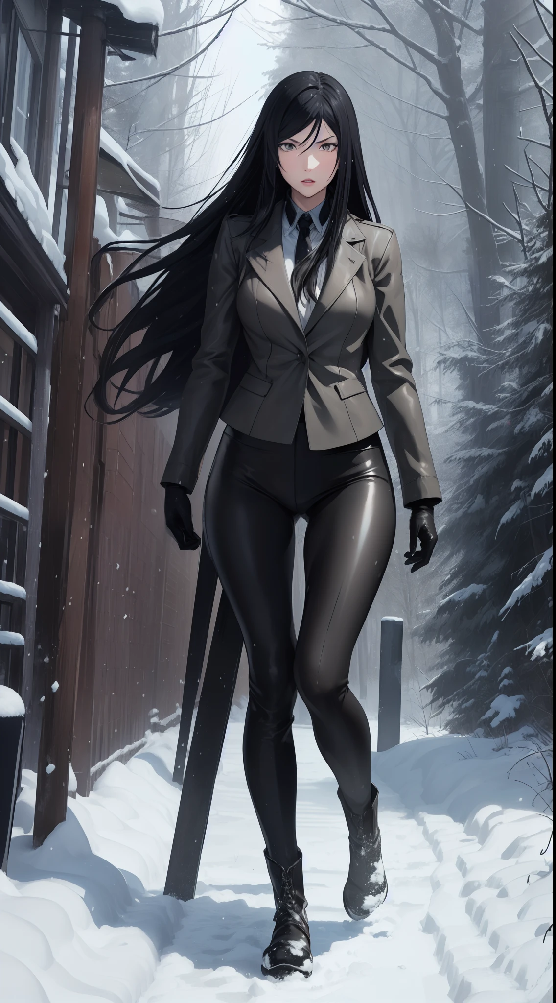 kurihara mari from prison school, walking on snow forest, grey eyes, black long hair,(wearing winter leather jacket,leather leggings, boots, gloves), snow fall, white snow, snow tress, full body view.