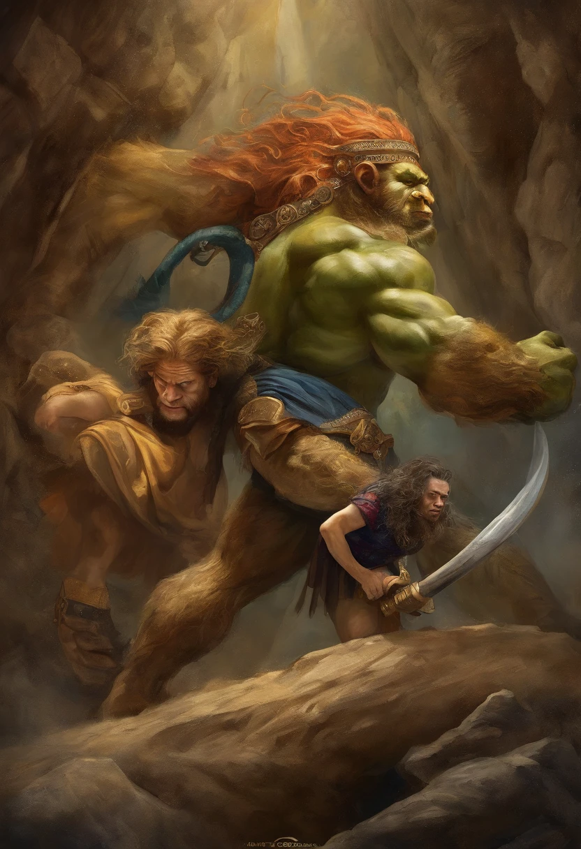 Race of giants in Greek mythology, Pirata espacial bonito, Selvagem Conan e o Hulk, Everyone wears a gold sweater and a perfect figure with a silver tattoo, foto hiper realista, colorido, intrincado, ultra detailed artistic photography, Anel luminoso colorido, Sombras, oil on the canvas, Pinceladas, liso, hiper HD, 32k, super sharp focus, obra-prima de obras de arte intrincadas, agourento, cartaz de filme de pintura fosca, proportion Aurea, intrincado, epics, altamente detalhado, vibrante, production cinematic character render, Creation of the highest quality in Disney Studios, fotorrealista, Posicionamento atraente,24k,Hiperdetalhamento