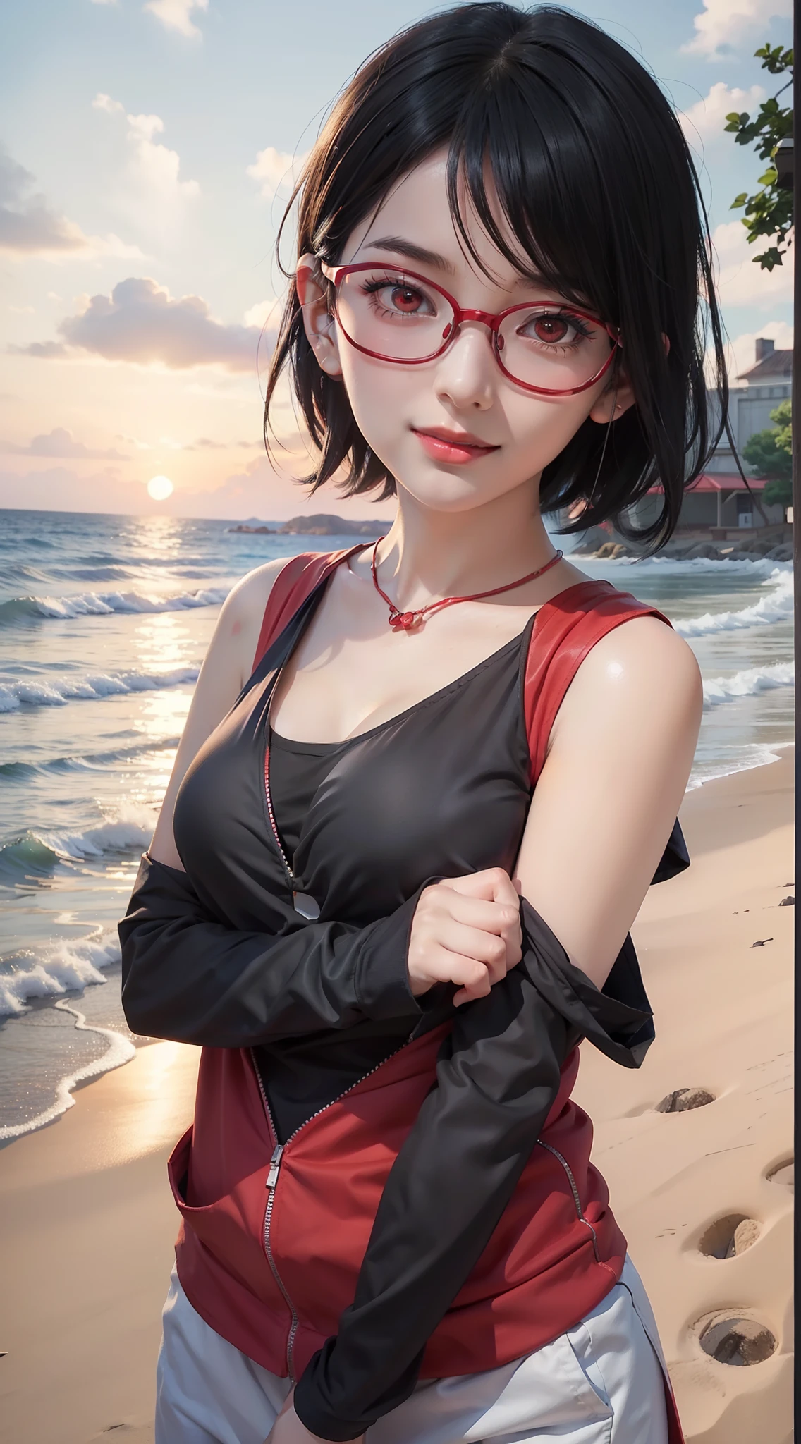 (masterpiece, best quality, 8k wallpaper, high resolution, ultra-realistic) Solo woman, Japanese girl, 18 years old, short hair, sunglasses, long red scarf around neck, (masterpiece: 1.2, best quality), (realistic, photorealistic: 1.4), (masterpiece, best quality), looking at you, navy blue school swimsuit, cleavage, D cup, sexy pose, kenpo pose, full body, best proportions, white skin, black hair, looking forward, smiling, 1970s sunglasses, psychedelic background