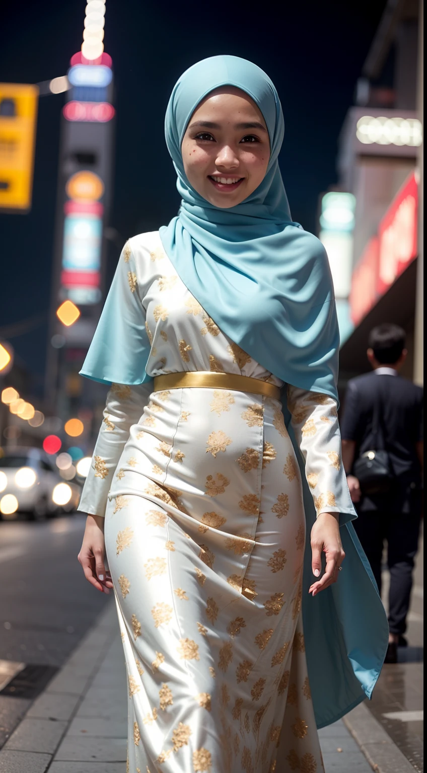 Malay girl very long white satin hijab with big, wear pastel blue Floral modest long dress baju kurung, smiling, wear gold necklace, front view, hijab blown, windy, detail skin, age spot, detail skin texture, mole below eyes, small breast, flat chest, wide hips, small waists, thick thighs, slim abs, beautiful body, morning, laughing, happy, bright lighting, people in background, city background, blur background, bokeh, location: kuala lumpur city street