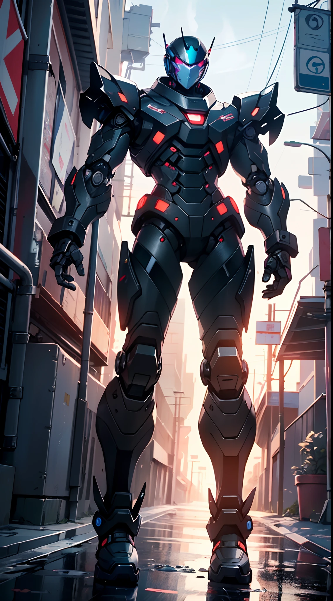 Imposing black plastic metal android robot,three meters tall and with a minimalist design that highlights its marked metallic musculature. His head is smooth and adorned with RGB lights that highlight his uniqueness and futurism.
He carries a metal backpack on his back that contains drones,turrets,and firearms. The backpack has spidery legs that allow it to move quickly.
Although most of his body is a deep,glossy black,there are orange,purple,and blue details that highlight his striking,futuristic design. It is undoubtedly an impressive creation that does not go unnoticed.
(((muscular))),hypermuscle, hyper muscles,carbon robot,humanoid robot, robot, robot joints, joints, helmet, armor, head-mounted display,(((robot with minimalist design))),
(dynamic pose:1.0),solo focus,(centered,scale to fit dimensions,Rule of thirds),
cyberpunk city by the ocean at night, with bright neon signs and dark stormy clouds and puddles, scenery:1.25,
artistic photography,(photography taken by sldr),highres, sharp focus, (ultra detailed, extremely detailed), (photorealistic artwork:1.37),(extremely detailed CG unity 8k wallpaper),((synthwave background theme)),(((vibrant colors))),(intricate background),(masterpiece),(best quality),