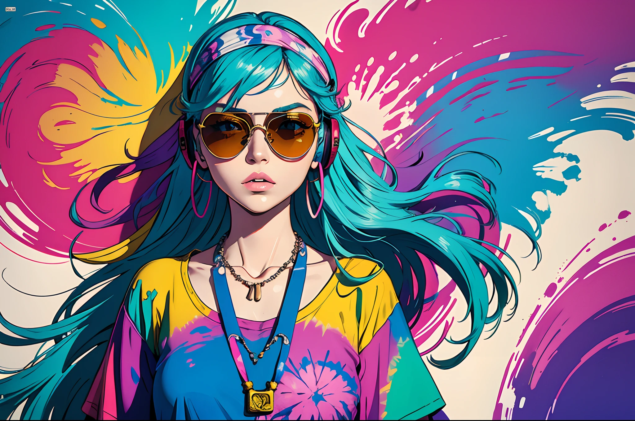 Pop Art Style, (top-quality, masterpiece), 1girll, 70's, hippy, Colorful, Pop, One Woman, Hold your hand over the headphones, Closing one eye, Look up for a while and listen, 90-degree side of the upper body with the face slightly raised, a necklace, bangle, Floral jacket, Tie-dyed T-shirt, symmetry, bandana, Gradient Sunglasses, cowboy shot,