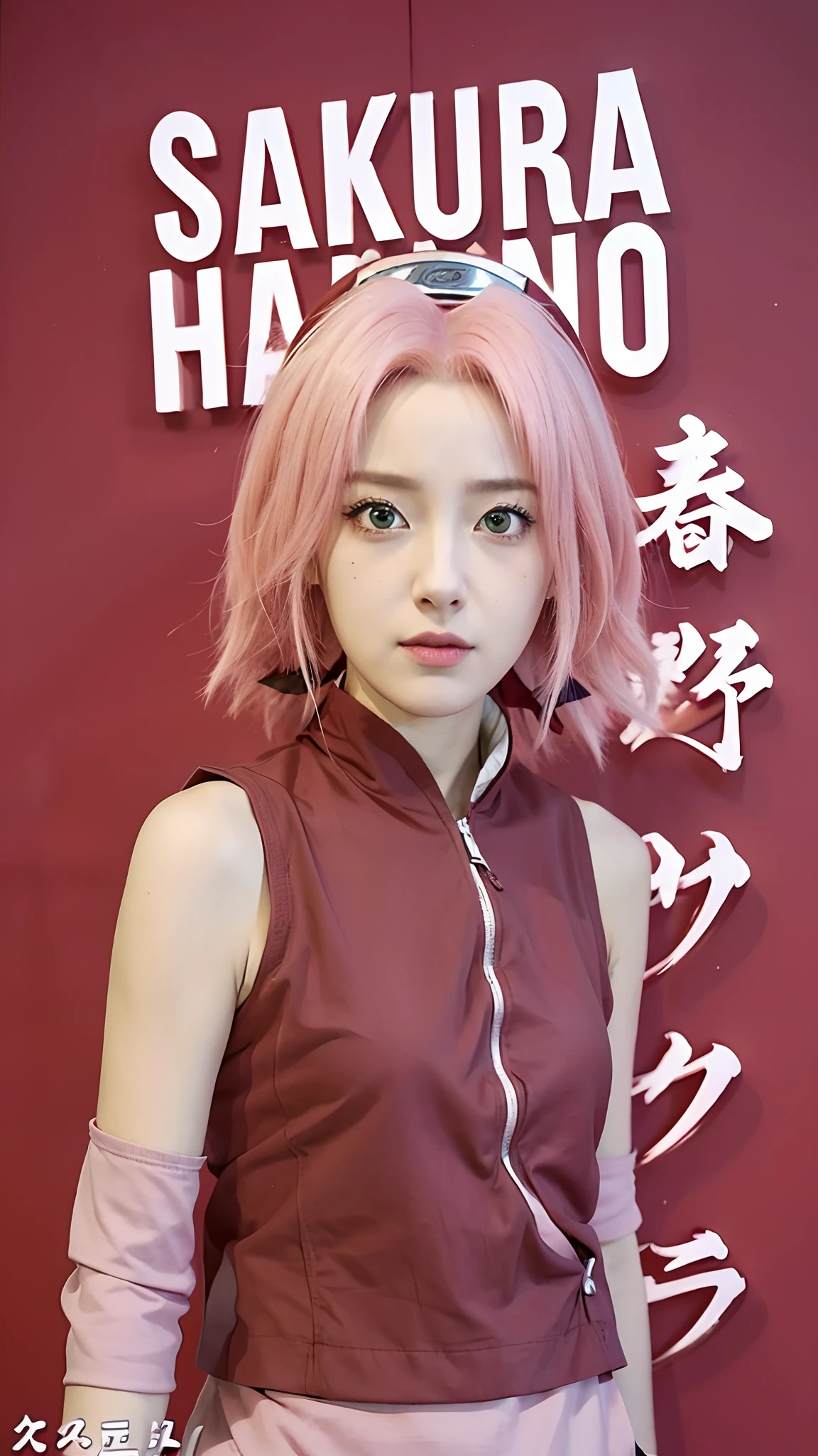 Real life adaption of this character,her name is sakura haruno from anime Naruto,she has a realistic same pink hair with a red headband, realistic same outfit, realistic same apron, beautiful korean  face, she has green eyes color, realistic light, realistic shadow, realism, hyper realistic,(photorealistic:1.2), realistic background