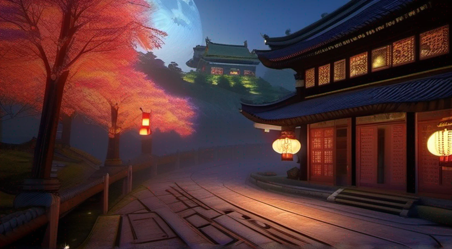 tmasterpiece,Best quality at best,bonian,shukezouma,fantastic composition,Chinese ancient city,many buildings,beautiful sky in detail,(There are a lot of pedestrian details on the road2.0 ),red colour,Heavy fog,big trees,Tower