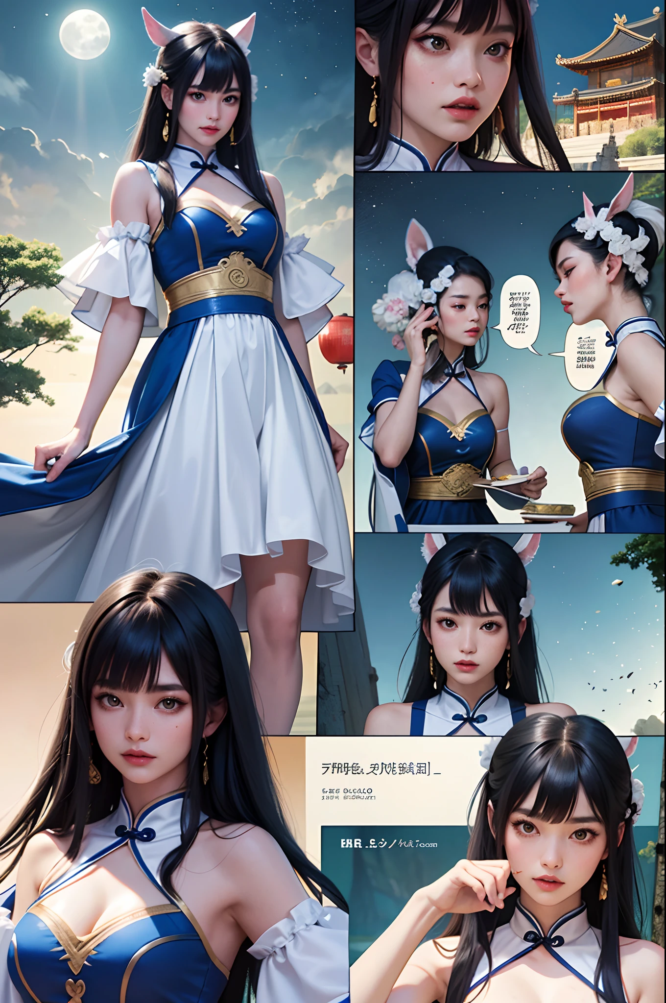 Comic storyboard:1.8, 1 Chinese woman,The beautiful,Costume dress,edgBunny,full moon, 32K ,hyper HD