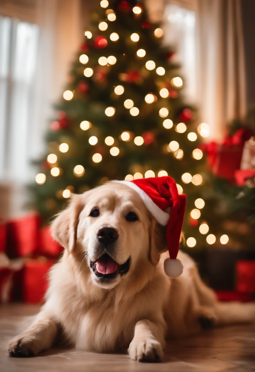 a variety of dogs dressed in santa claus hats and red bow for tie,lighted christmas tree in background, Fresh and lovely,a warm color palette,Warm scene,smiling girl,Friendly,Natural light,soft shade