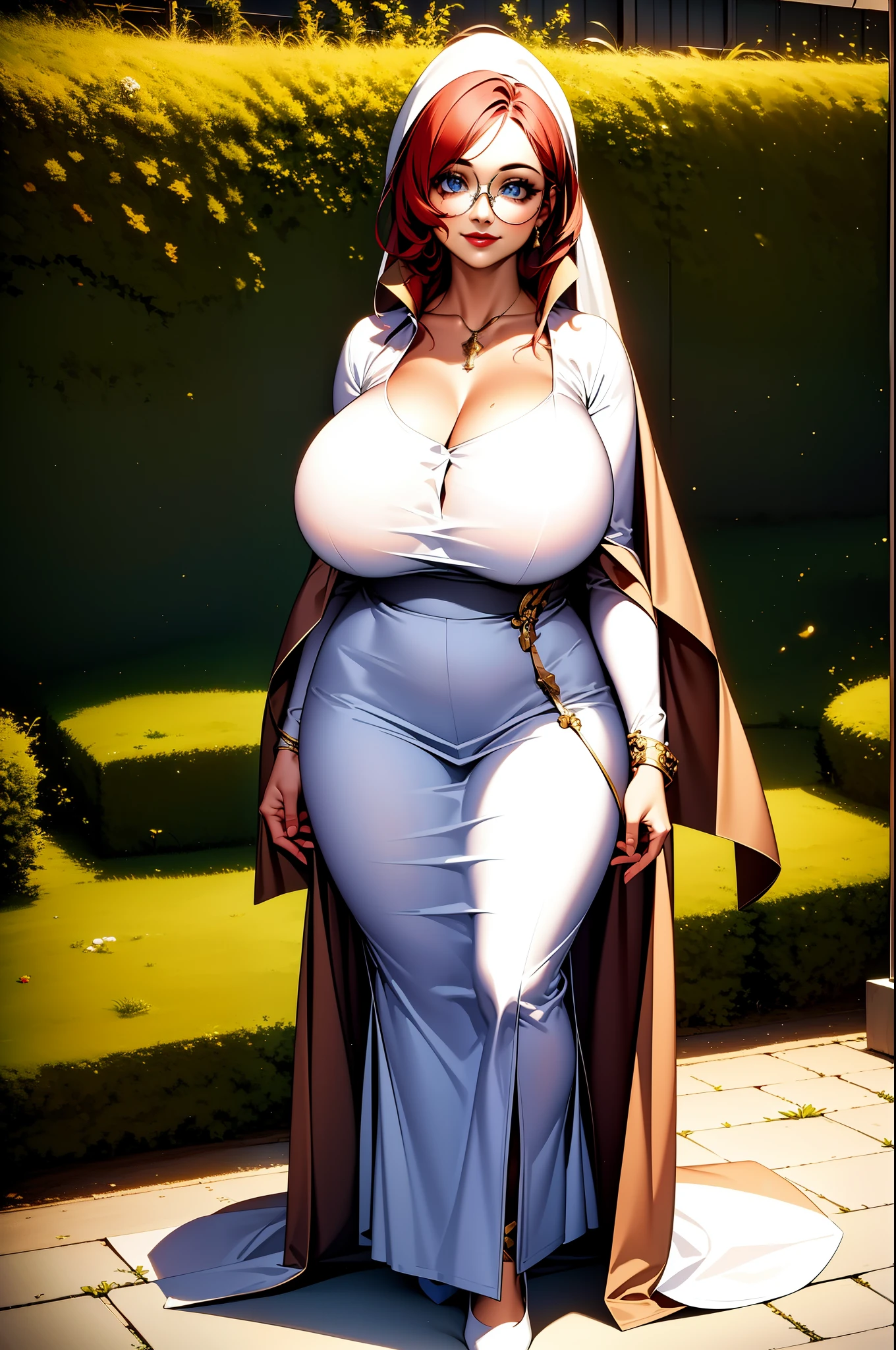 (best quality,1girl,realistic,ultra-detailed,masterpiece:1.2),Medieval-style,priestess standing in a garden,smiling,with vibrant red lips and elegant glasses. She has a curvy figure, with thick thighs and a generous bosom. Her full body is adorned in rich and flowing medieval clothing, wearing a large skirt that sways in the gentle breeze. The priestess exudes an aura of tranquility and wisdom as she stands tall and proud. The garden surrounding her is filled with colorful flowers and lush greenery, creating a harmonious and enchanting atmosphere. The sunlight filters through the leaves, casting a warm glow upon the scene. The exquisite detail in the artwork captures every intricate feature of the priestess, from the delicate lace of her clothing to the subtle expressions in her eyes. This stunning masterpiece showcases the beauty and grace of a medieval priestess in a captivating and mesmerizing style.