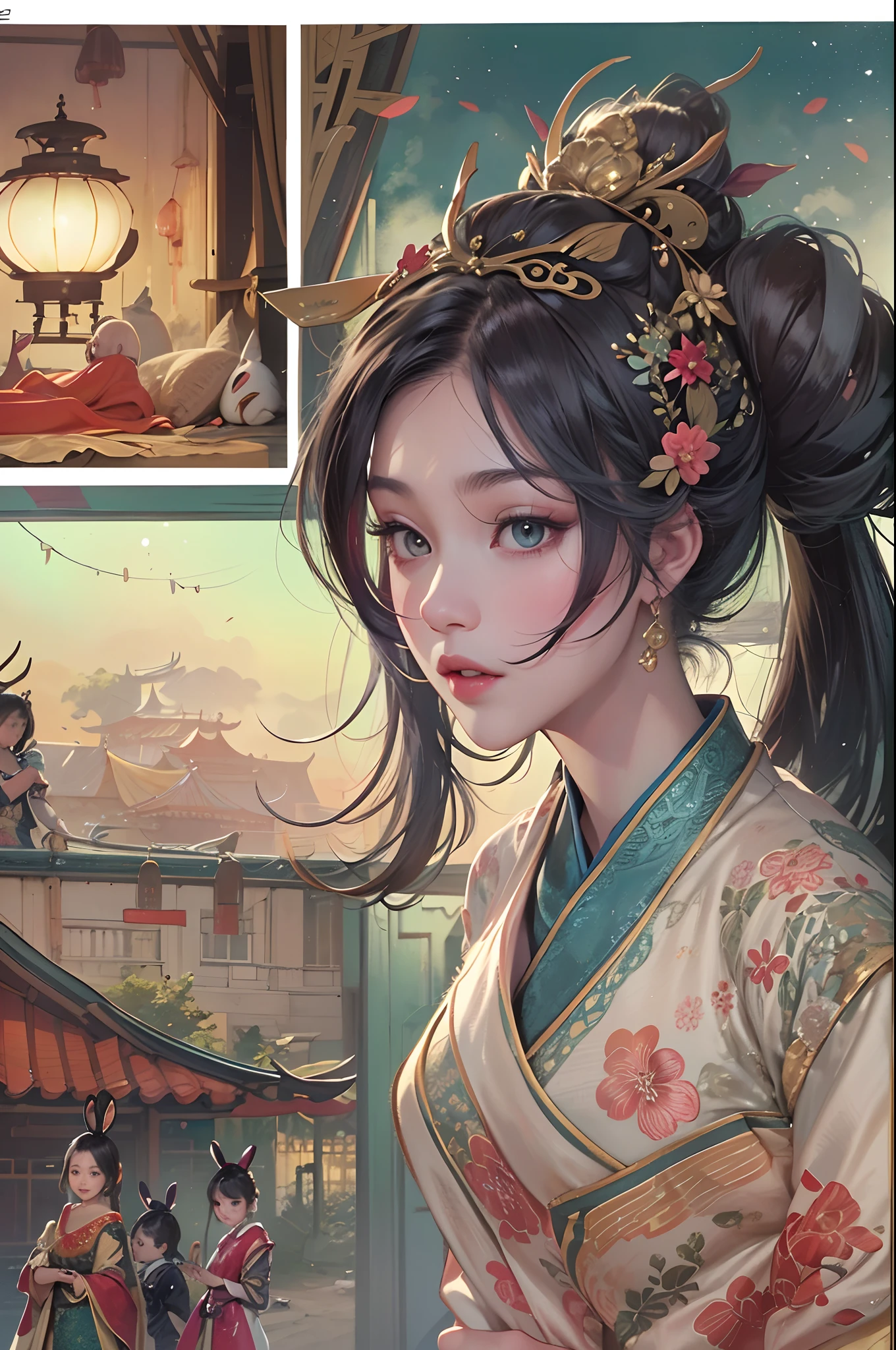 Comic storyboard:1.8, 1 Chinese woman，The beautiful，Costume dress，edgBunny，full moon, 32K ，hyper HD