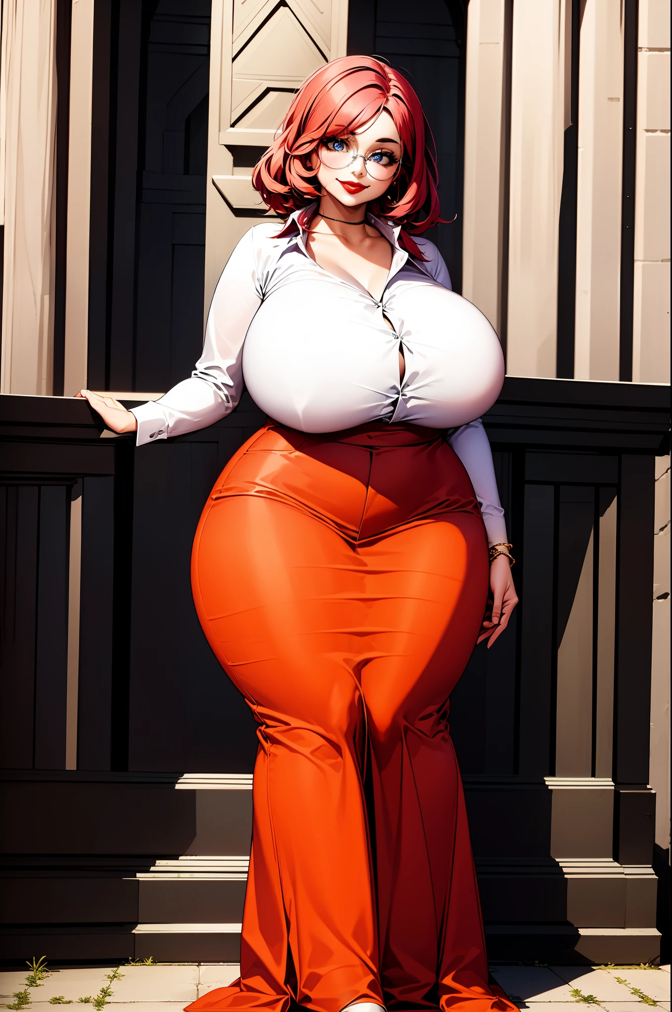 masterpiece, best quality, 1girl, solo, maxine, smile, red lips, , glasses, standing,, curvy, thick thighs, huge breasts, , full body, priestess,woman-medieval-clothes, large skirt