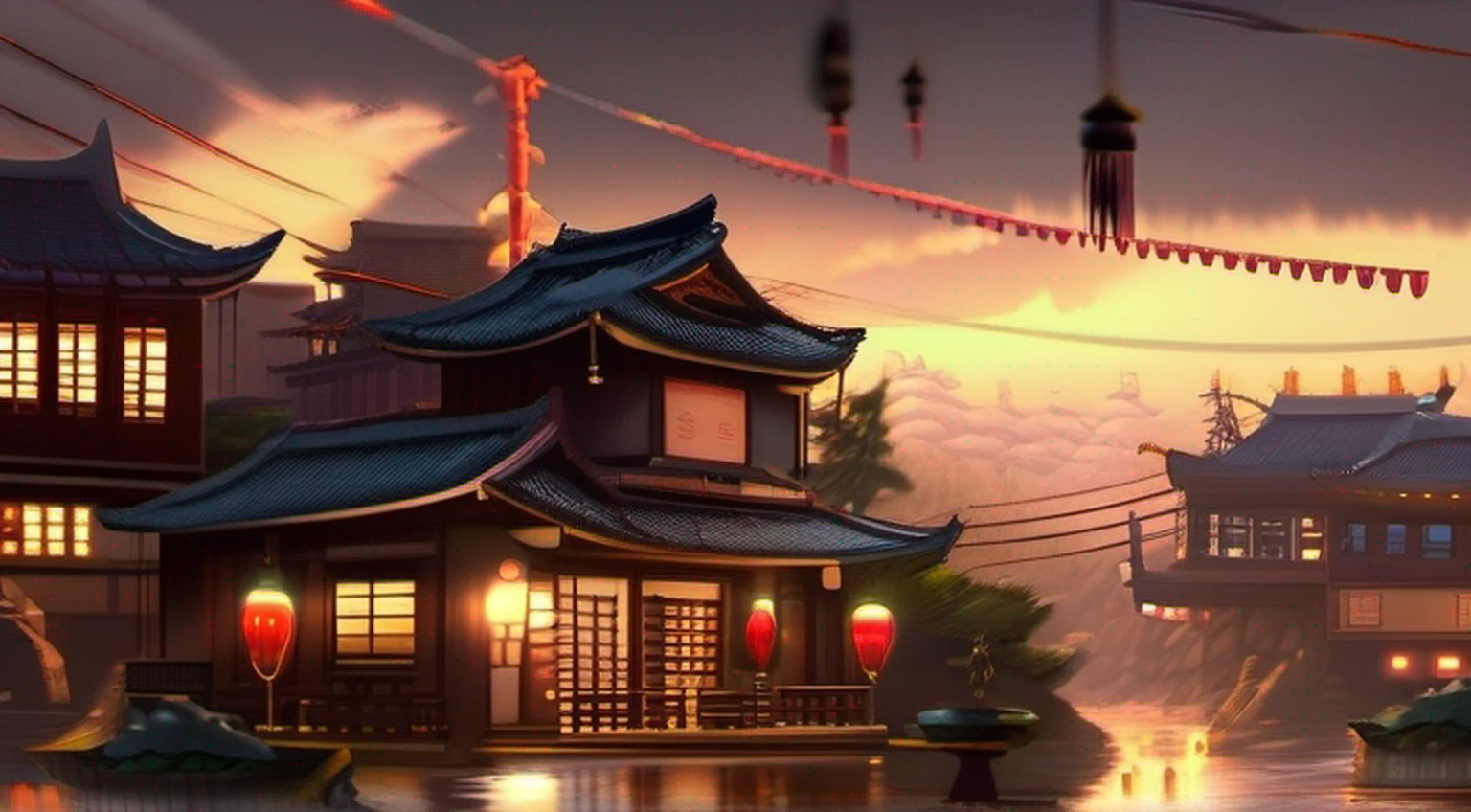 arafed view of a village with a lot of lights on the buildings, dreamy chinese town, chinese village, amazing wallpaper, japanese town, japanese village, hyper realistic photo of a town, old asian village, japanese city, by Raymond Han, rainy evening, cyberpunk chinese ancient castle, beautifully lit buildings, at evening during rain, beautiful and aesthetic, photography, cinematic, 8k, high detailed ((Heavy rain)))