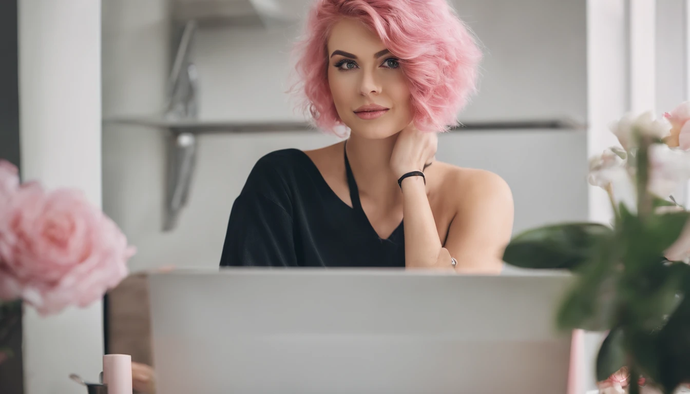 there is a woman sitting at a desk with a computer and a keyboard, cute girl with short pink hair, with pink hair, modern portrait shot 8 k, pink short hair, luts, short pink hair, flowing pink hair, jovana rikalo , Portrait Sophie Mudd, Portrait de Corinna Kopf, cheveux blonds et grands yeux, selfie of a young woman