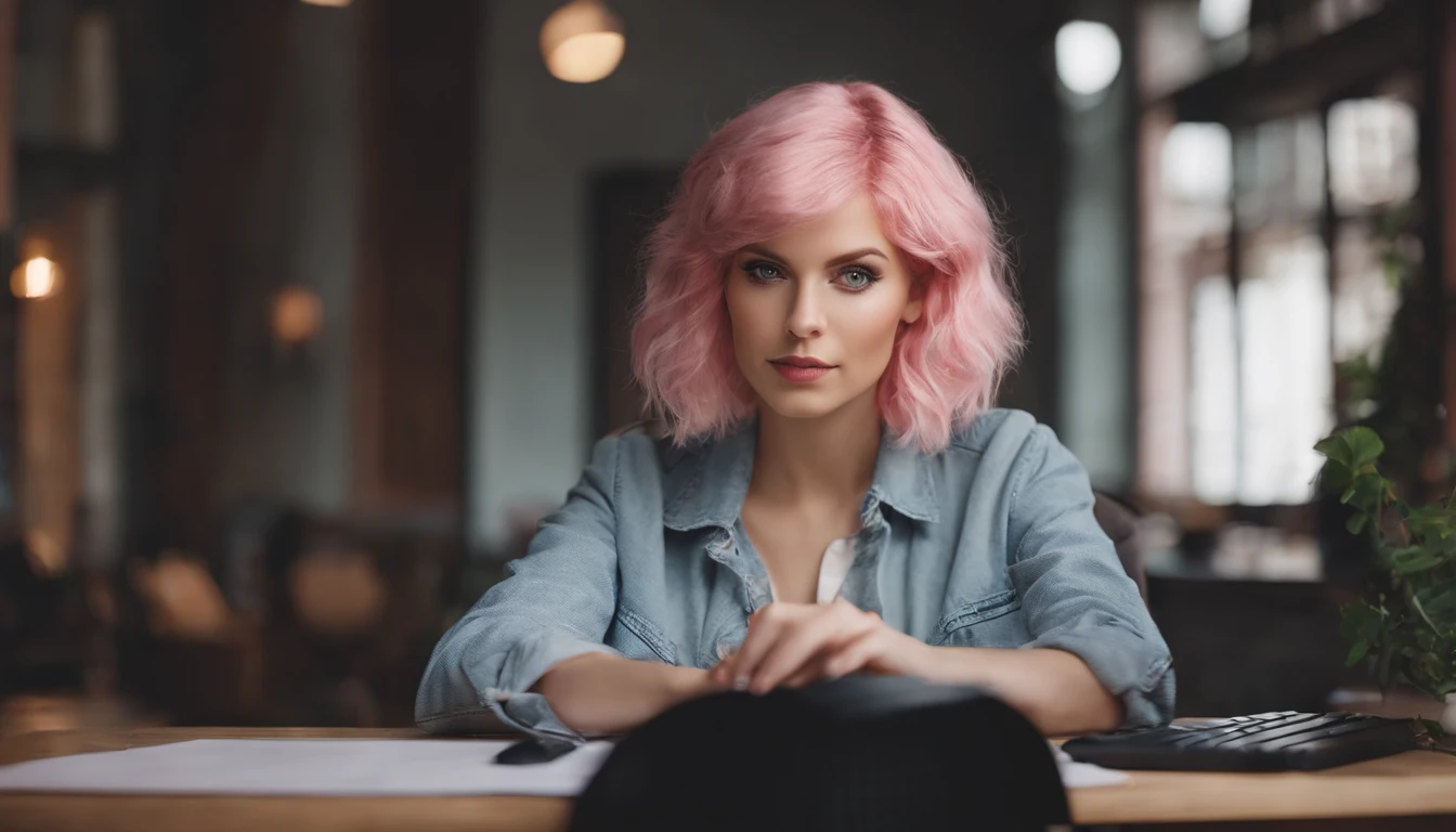 there is a woman sitting at a desk with a computer and a keyboard, cute girl with short pink hair, with pink hair, modern portrait shot 8 k, pink short hair, luts, short pink hair, flowing pink hair, jovana rikalo , Portrait Sophie Mudd, Portrait de Corinna Kopf, cheveux blonds et grands yeux, selfie of a young woman