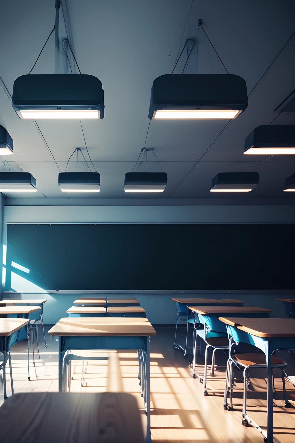 There are many desks and chairs in a classroom with a chalkboard ...