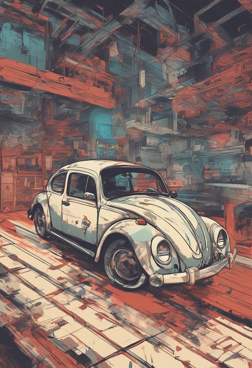 Top to bottom view of a vintage Beetle artwork, Anime style in the 90s, detailed anime art, Vintage anime art from the 90s, Detailed representation of the traditional ladybug shading anime, Retrograde art, nostalgia, dynamic lighting, Clean and pure details, Art with a sense of movement, high contrast, Bold and vibrant composition