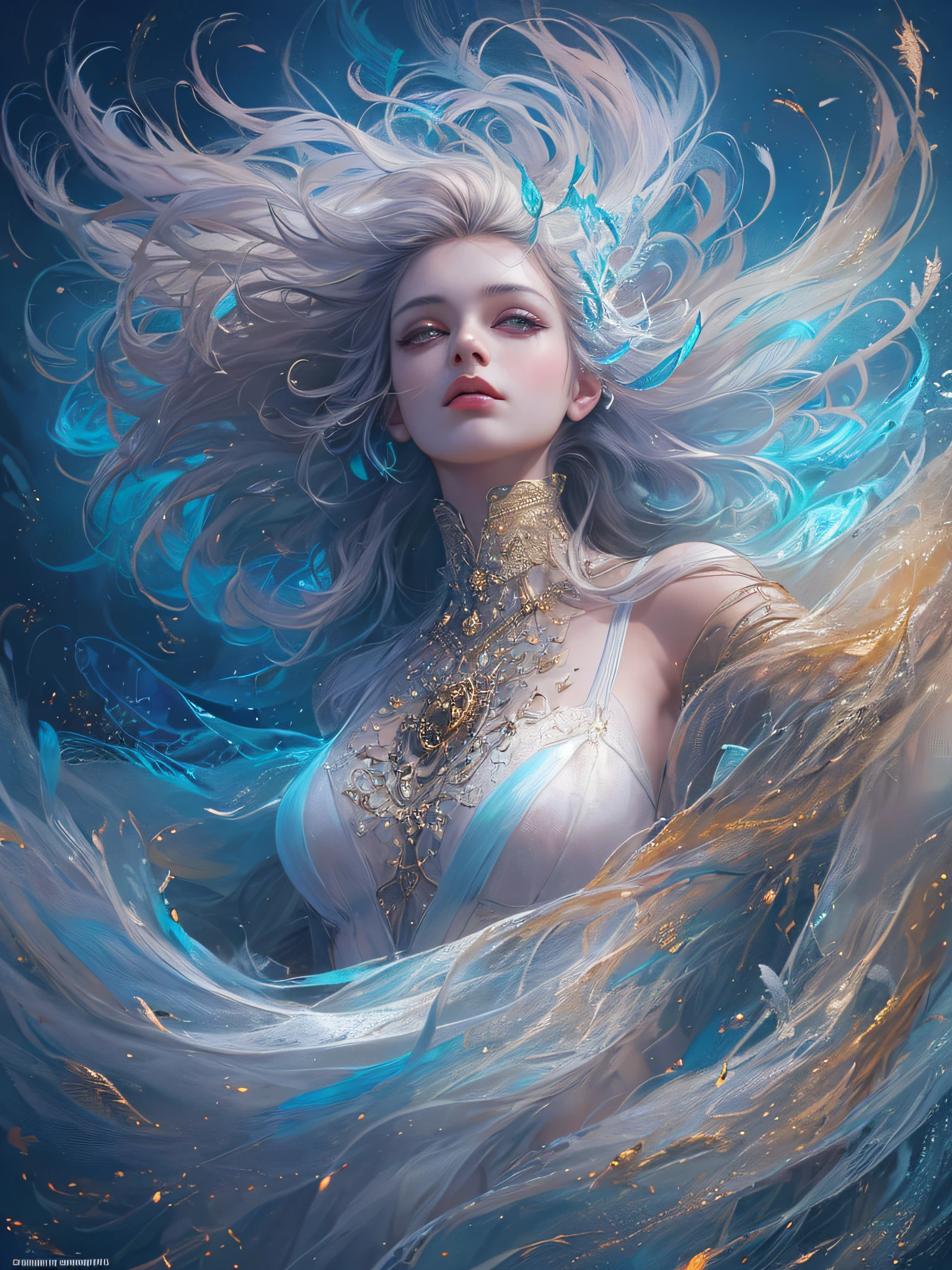 (a venus wearing a see-through silk toga:1.2),standing quietly, upper body,(Aurora Background, floating colorful sparkles, soaring white feathers, wind blowing through, flowing hair, blue tone:1.2),(fractal art),(Surrealism), shiny skin ,ultra-detailed face, detailed eyes, lustrous lips ,skinny physique, beautiful figure, elegant, vivid colors ,(official art, unity 8k wallpaper, ultra detailed, beautiful and aesthetic, masterpiece ,best quality, photorealistic:1.3),
