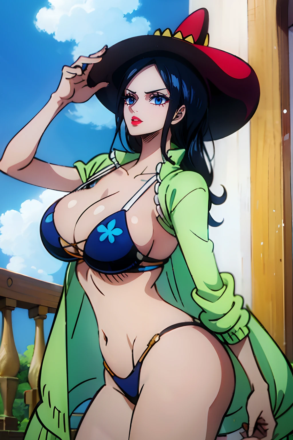 Nico Robin from One Piece wearing a tight black bikini and she’s look happy,  high quality eyes, blue eyes, Shiny eyes, Shiny white skin, puffy red lips, high quality lips, showing the ass, big ass, big boobs, best quality.