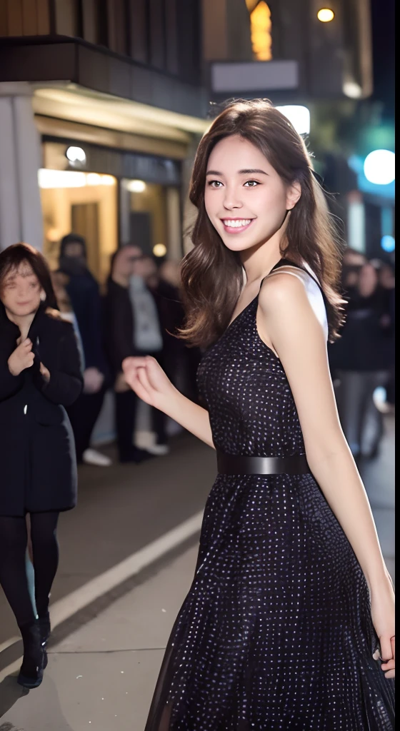 ((Best quality, 8k, Masterpiece :1.3)), 1girl, smiling, full body, slim face, Pretty woman, (Dark brown hair), full length dress :1.1, Ultra-detailed face, Detailed eyes, Double eyelid, blur background, slim face, city, outside, street,