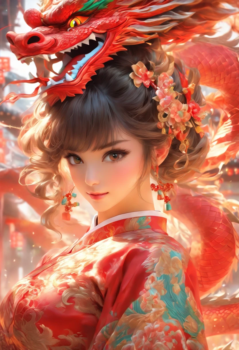 Cabello whaite,Lan Xiao,Dragon Girl,doble cola de caballo,en Cheongsam, cuerpo completo