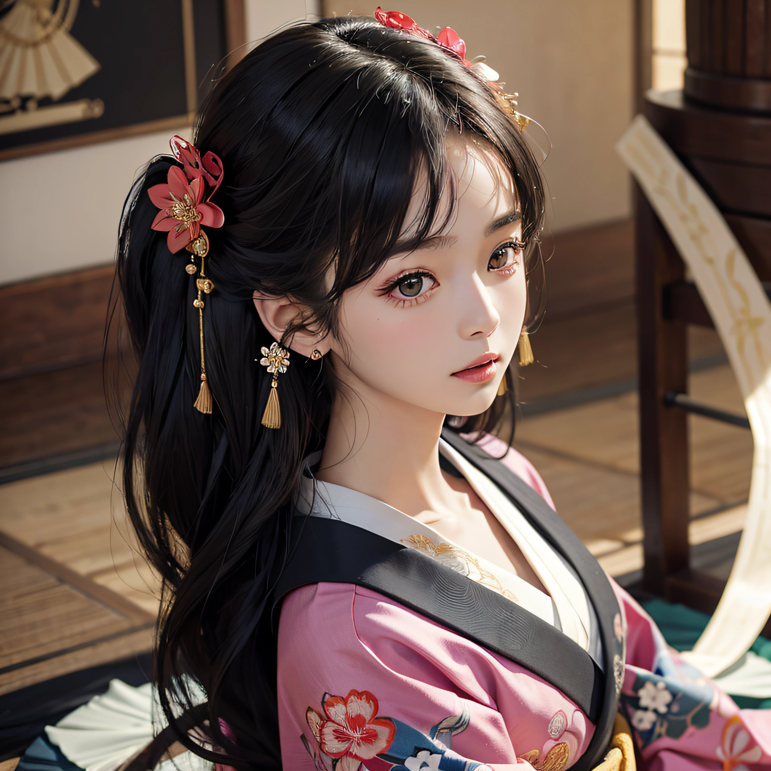 (Masterpiece, Best Quality, Best Quality, Official Art, Beautiful and Indulgent: 1.2), (Kimono), Arms Behind Back, (Upper Body Only), (1 Girl: 1.3), Japan Woman, Very Detailed, Colorful, Best Detailed ((Super Detailed)), (Highly Detailed 2DCG Illustration), ((Very Delicate and Beautiful)), (Sitting), Expressionless, Long Black Hair, Fan, Origami Crane, Kanzashi, Earrings