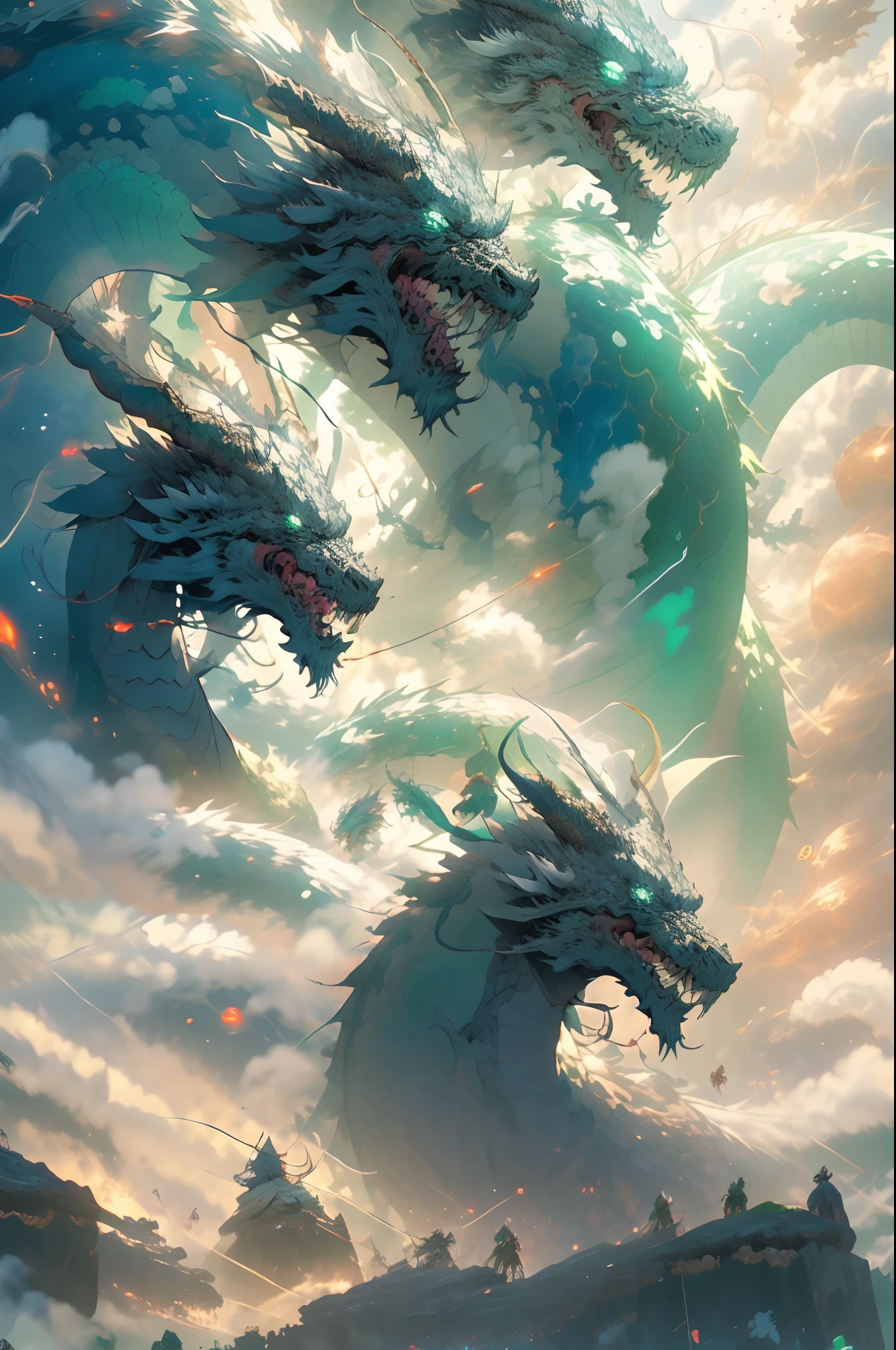 A mad god faces a celestial Chinese dragon in battle. The god wields a purple celestial halberd, his rage evident on his face. He is dressed in heavy infantry armor, with a diadem upon his head an a cape on his shoulders. The diadem has a green emerald set upon it. His armor is covered with ancients runes that make it impervious to damage. The cleaves the halberd wanting to tear the universe asunder, however the dragon is shielded and cannot be touched. The surrounding resembles a catastrophic battlefield, Space and time are torn asunder with cracks in the fabric of reality leading to times and locations unknown. Flashes of lightning are present in the night sky above the battle, a rain of blood as the universe weeps in pain. Scenes of life in another dimension flash in the rifts ton across the battlefield, embers of black flames and motes of unholy light are floating in the air, the heralds of forthcoming doom, the heralds of Ragnarök.