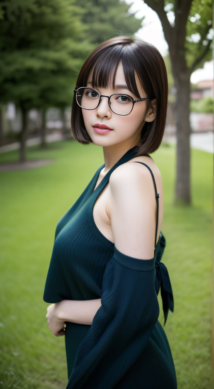 (wears glasses)、garden、lawn、I'm surprised、absolutely outstanding image, very extremely beautiful、masterpiece, top-quality,a picture, kawaii、(Colossal tits:1.2)、,8K,Japan girl realistic young idol、Young cute gravure idol、Young Sensual Gravure Idol、Young gravure idols、model in Japan