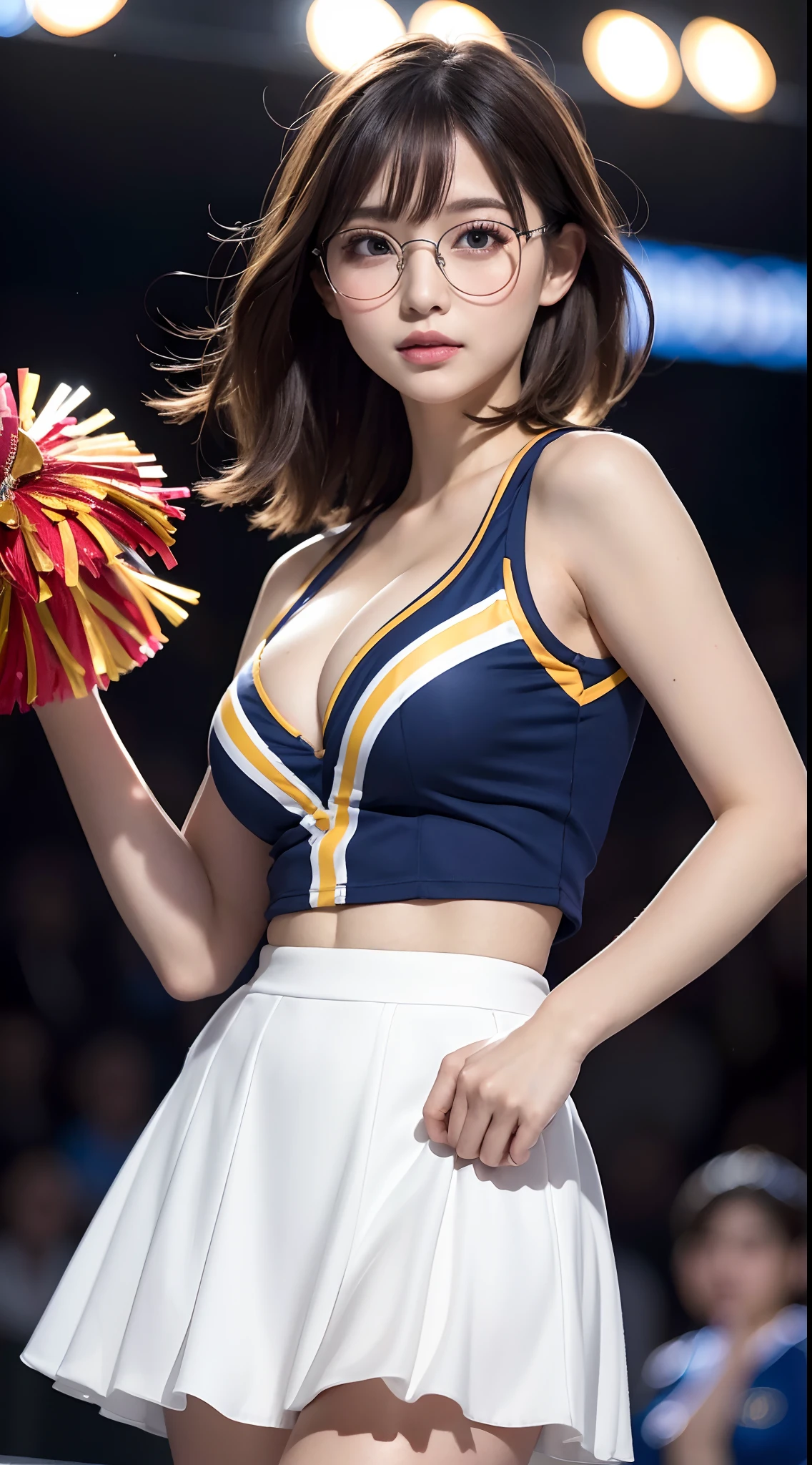 (wearing round glasses)、(8K, Raw photo, Best Quality, masutepiece:1.2), (Realistic, Photorealsitic:1.37),1girl in, Professional Lighting, Photon mapping, Radio City, Raw photo、(Photorealsitic:1.4)、Octane number renderin、Complex 3D rendering ultra detail, Studio Soft Light, Rim Lights, vibrant detail, super detailing, realistic skin textures, Detail Face, Beautiful detail eyes, Very detailed CG Unity 16k wallpaper, make - up, (detailedbackground:1.2),Colossal tits、Best Quality, 超A high resolution, masutepiece, 1girl in,Brown-haired hair,(Shorthair), 20yr old,((Colorful cheergirl costumes、Cheerleader attire)), cute face、((pleatedskirt))、乃木坂アイドル、Chinese Idol、Japan idle、((cleavage of the breast))