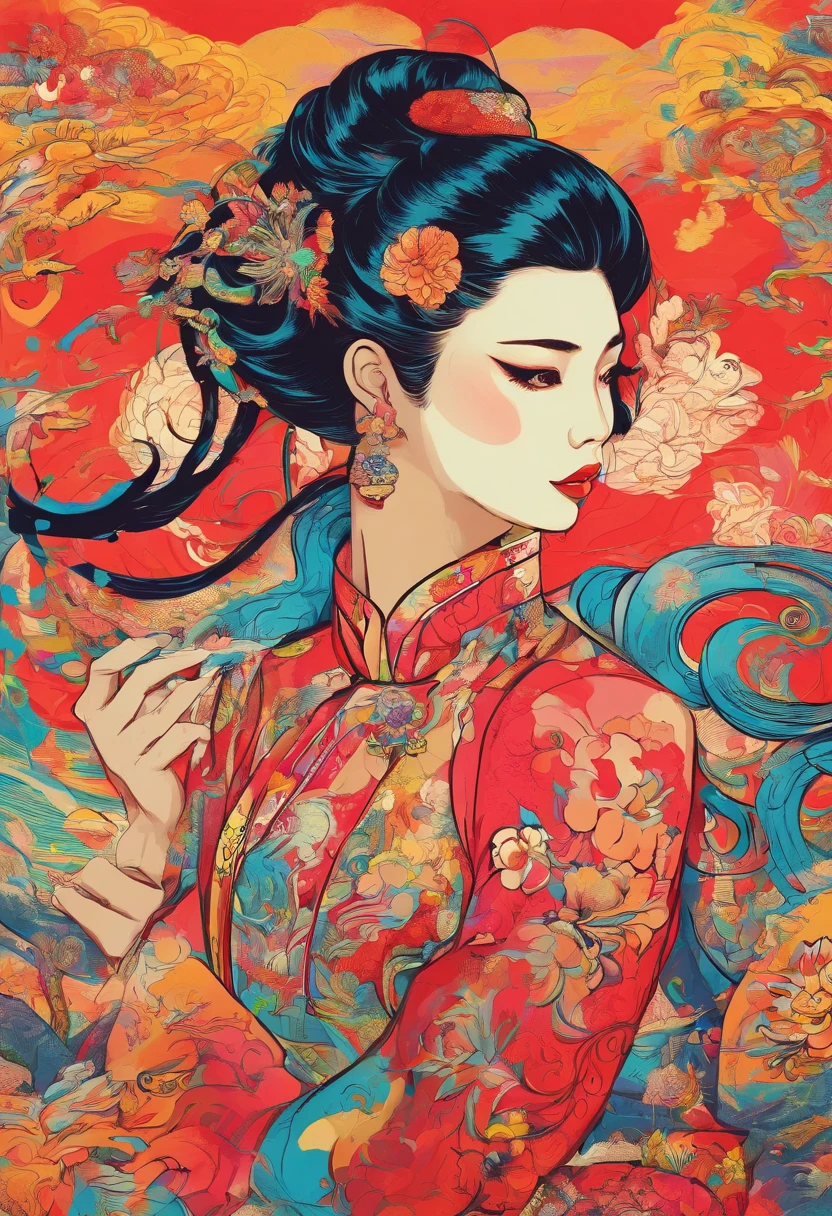 Cabello whaite,Lan Xiao,Dragon Girl,doble cola de caballo,en Cheongsam, cuerpo completo