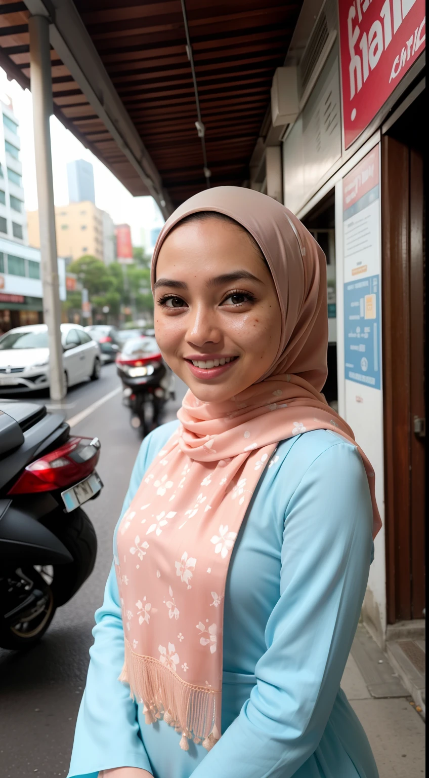 Malay girl very long white satin hijab with big, wear pastel blue Floral modest long dress baju kurung, smiling, wear gold necklace, front view, hijab blown, windy, detail skin, age spot, detail skin texture, mole below eyes, small breast, flat chest, wide hips, small waists, thick thighs, slim abs, beautiful body, morning, laughing, happy, bright lighting, people in background, city background, blur background, bokeh, location: kuala lumpur city street