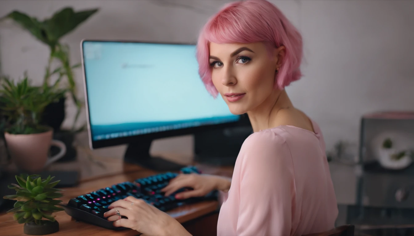there is a woman sitting at a desk with a computer and a keyboard, cute girl with short pink hair, with pink hair, modern portrait shot 8 k, pink short hair, luts, short pink hair, flowing pink hair, portrait aleksandra waliszewska