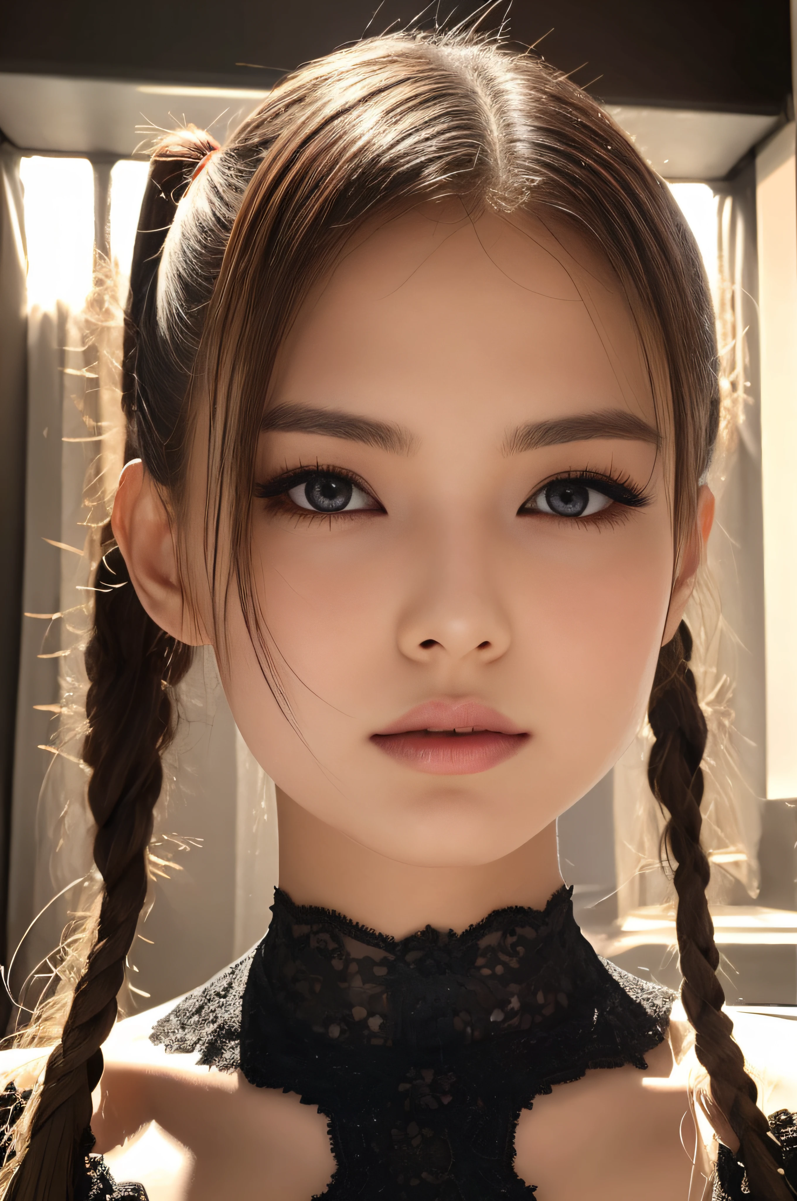 absurdres ,masterpiece, HQ, 4k, HDR, best quality, 1girl at center screen with beautifulface, white_hair. (black costume:1.2),deep dark, bangs, breasts, eyebrows_visible_through_hair, hair_ornament, light_particles, long_hair, looking_at_viewer, medium_breasts, dune surface, solo, space, star_(sky), starry_sky, twintails, very_long_hair, yellow_eyes, transparent, see-through,(Background_Giedi_Prime_Dune:1.0), (innocent face:1.1), beautiful eyes, volumetric lighting, real shadows.