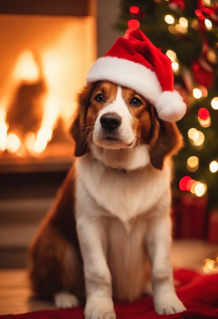 a variety of dogs dressed in santa claus hats and red bow for tie,lighted christmas tree in background, Fresh and lovely,a warm color palette,Warm scene,smiling girl,Friendly,Natural light,soft shade
