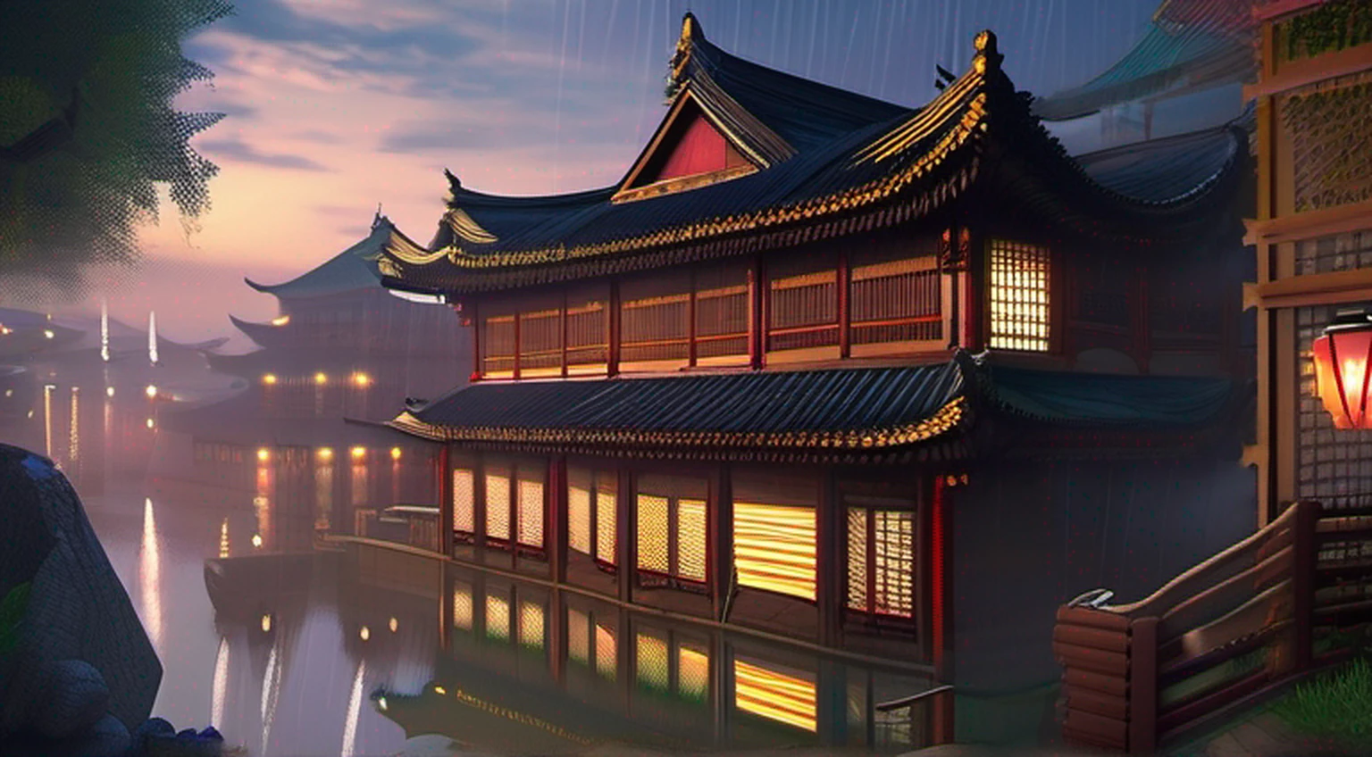 arafed view of a village with a lot of lights on the buildings, dreamy chinese town, chinese village, amazing wallpaper, japanese town, japanese village, hyper realistic photo of a town, old asian village, japanese city, by Raymond Han, rainy evening, cyberpunk chinese ancient castle, beautifully lit buildings, at evening during rain, beautiful and aesthetic, photography, cinematic, 8k, high detailed ((Heavy rain)))