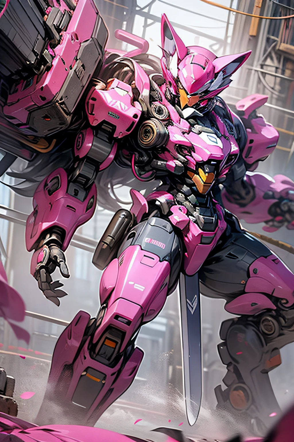 Pink cat mech with a giant sword