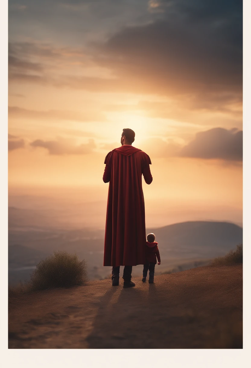 Imagine an ordinary father holding his child's hand, both on their backs and both wearing superhero capes. They are in the right corner of the image looking at the landscape on the horizon with a sunset on the left side. Realista, hyperrealistic, render, 8k