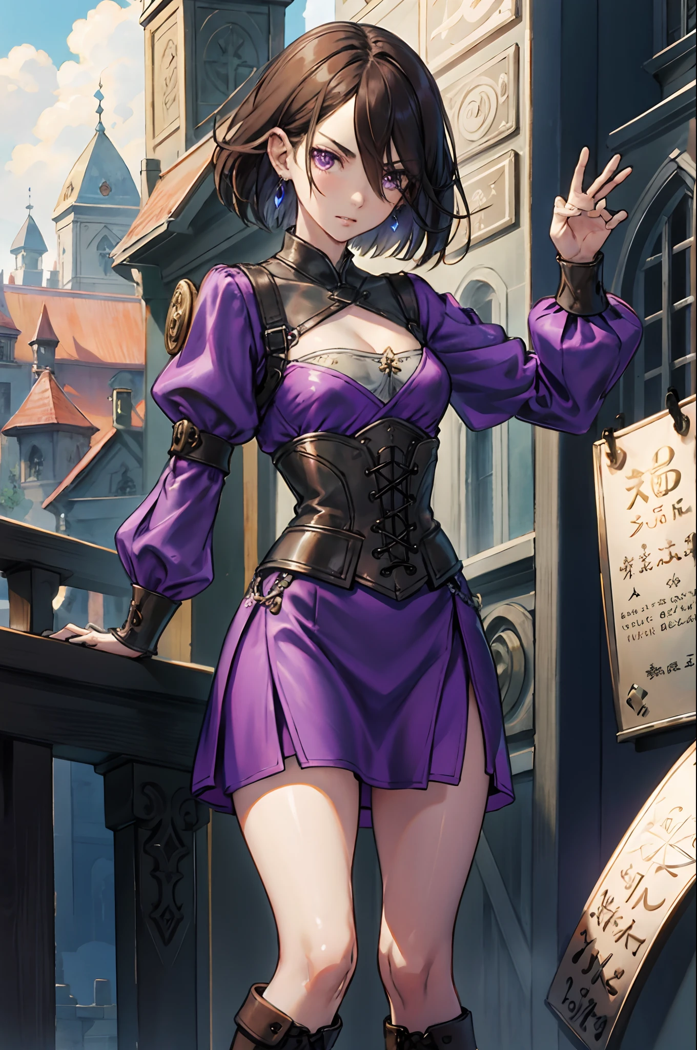 thrones, 1girll, Solo, Masterpiece, Best quality, (grin, Looking back:0.5), (brunette, hair on one eye, Short hair, Fluffy hair:1.2), (holding knives, Weapons under the skirt:0.8),
Purple dress, V-shaped eyebrows, Earrings, Prisoner iron collar, Leather boots,
Bandits, Bandits, towns, Middle Ages, Messy corners,
(Steam engine, steamer, Steam train:0.6),