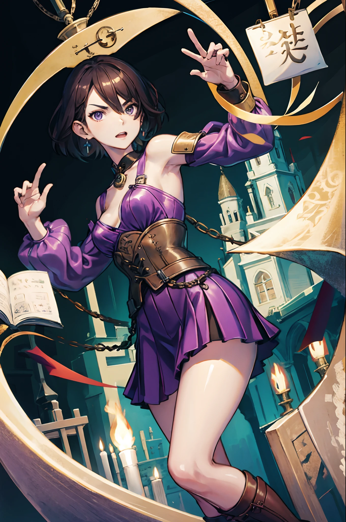 thrones, 1girll, Solo, Masterpiece, Best quality, (grin, Looking back:0.5), (brunette, hair on one eye, Short hair, Fluffy hair:1.2), (holding knives, Weapons under the skirt:0.8),
Purple dress, V-shaped eyebrows, Earrings, Prisoner iron collar, Leather boots,
Bandits, Bandits, towns, Middle Ages, Messy corners,
(Steam engine, steamer, Steam train:0.6),