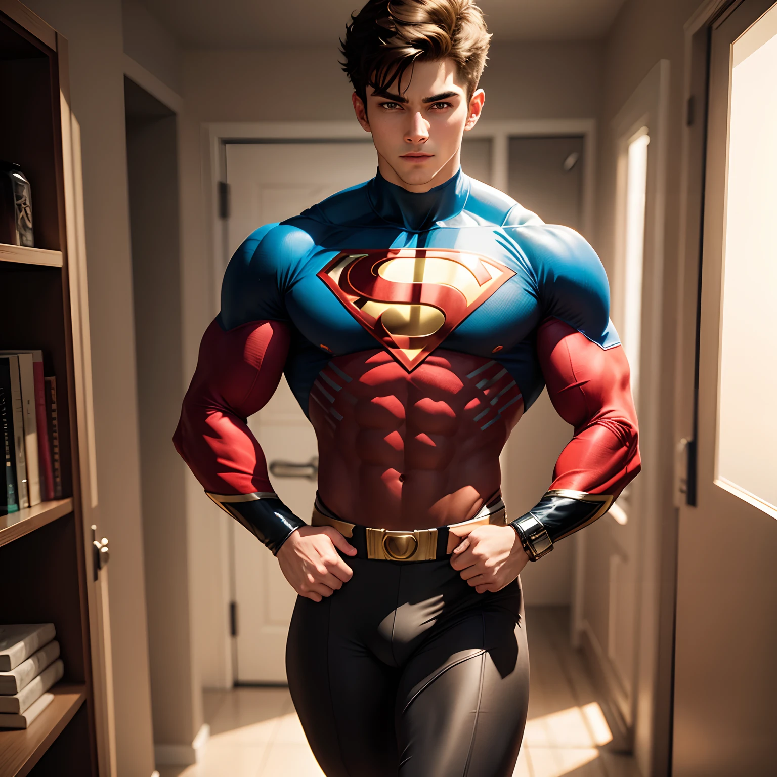 Young male superhero standing in room wearing flesh-colored tights