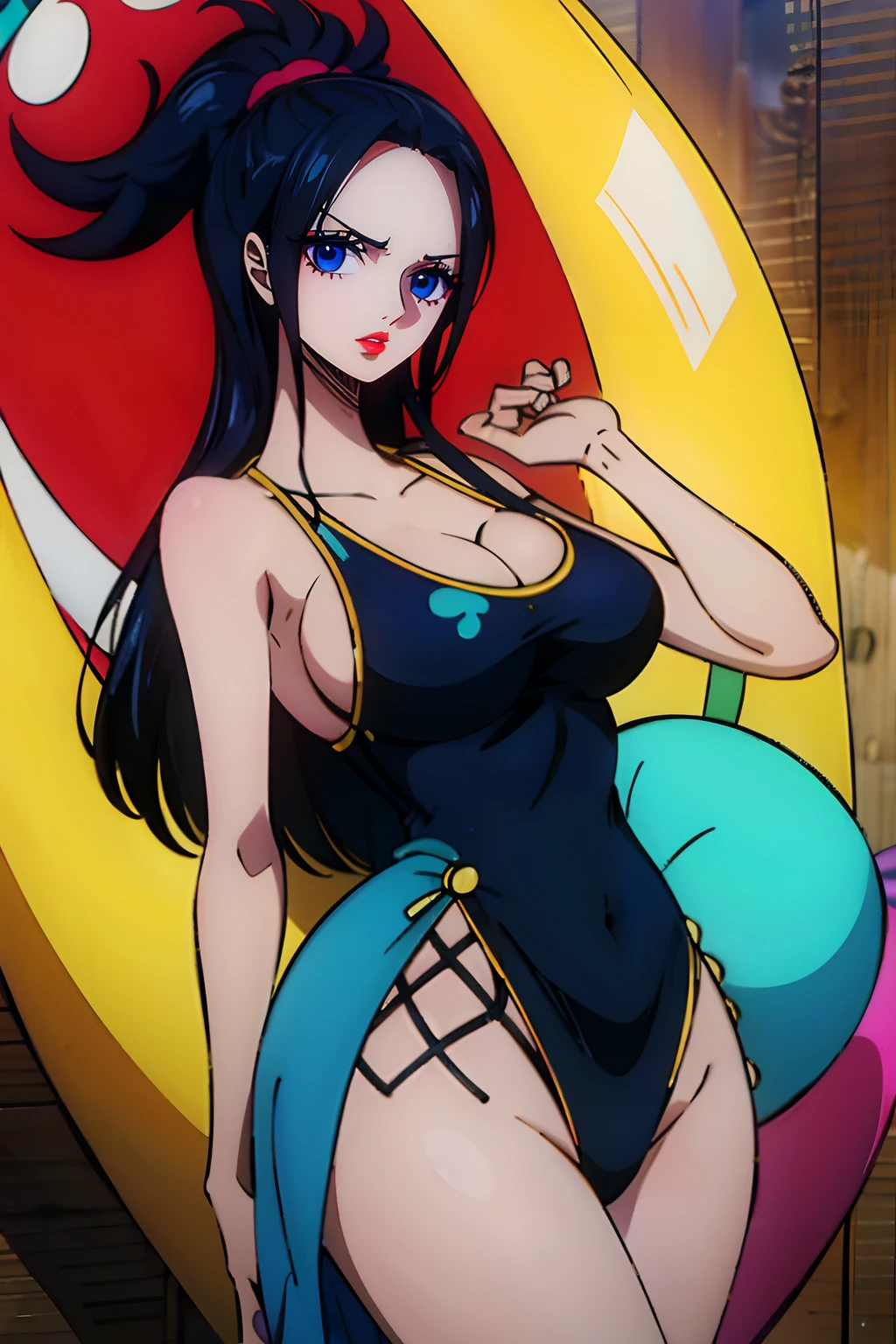 Nico Robin from One Piece wearing a tight black bikini and she’s look happy, high quality eyes, blue eyes, Shiny eyes, Shiny white skin, puffy red lips, high quality lips, showing the ass, big ass, big boobs, best quality.