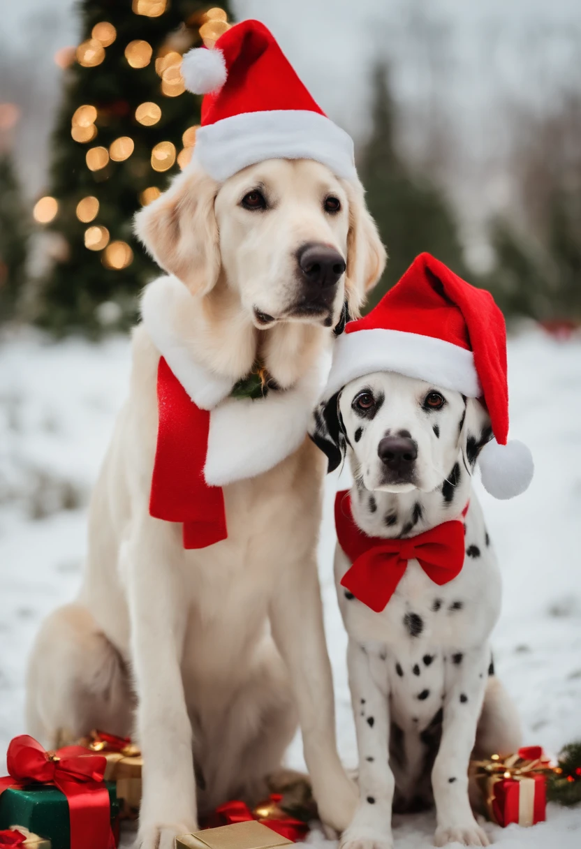 dalmations dogs dressed in santa claus hats and red bow for tie，lighted christmas tree in background, Fresh and lovely，a warm color palette，Warm scene，smiling girl，Friendly，Natural light，soft shade